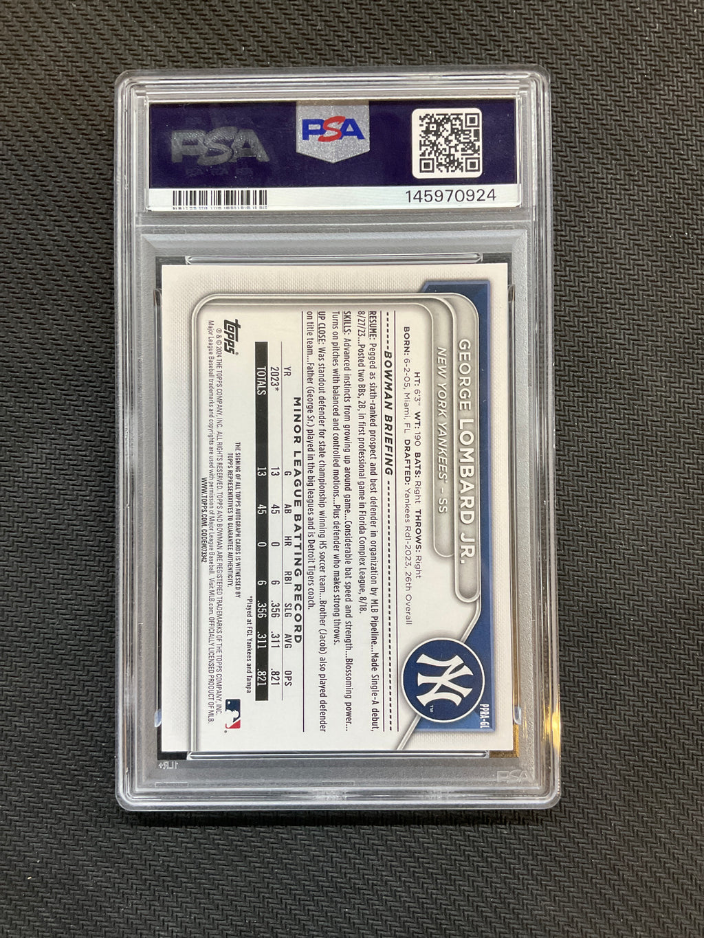 2024 Bowman George Lombard Jr. Rookie Auto PSA 9 Yankees