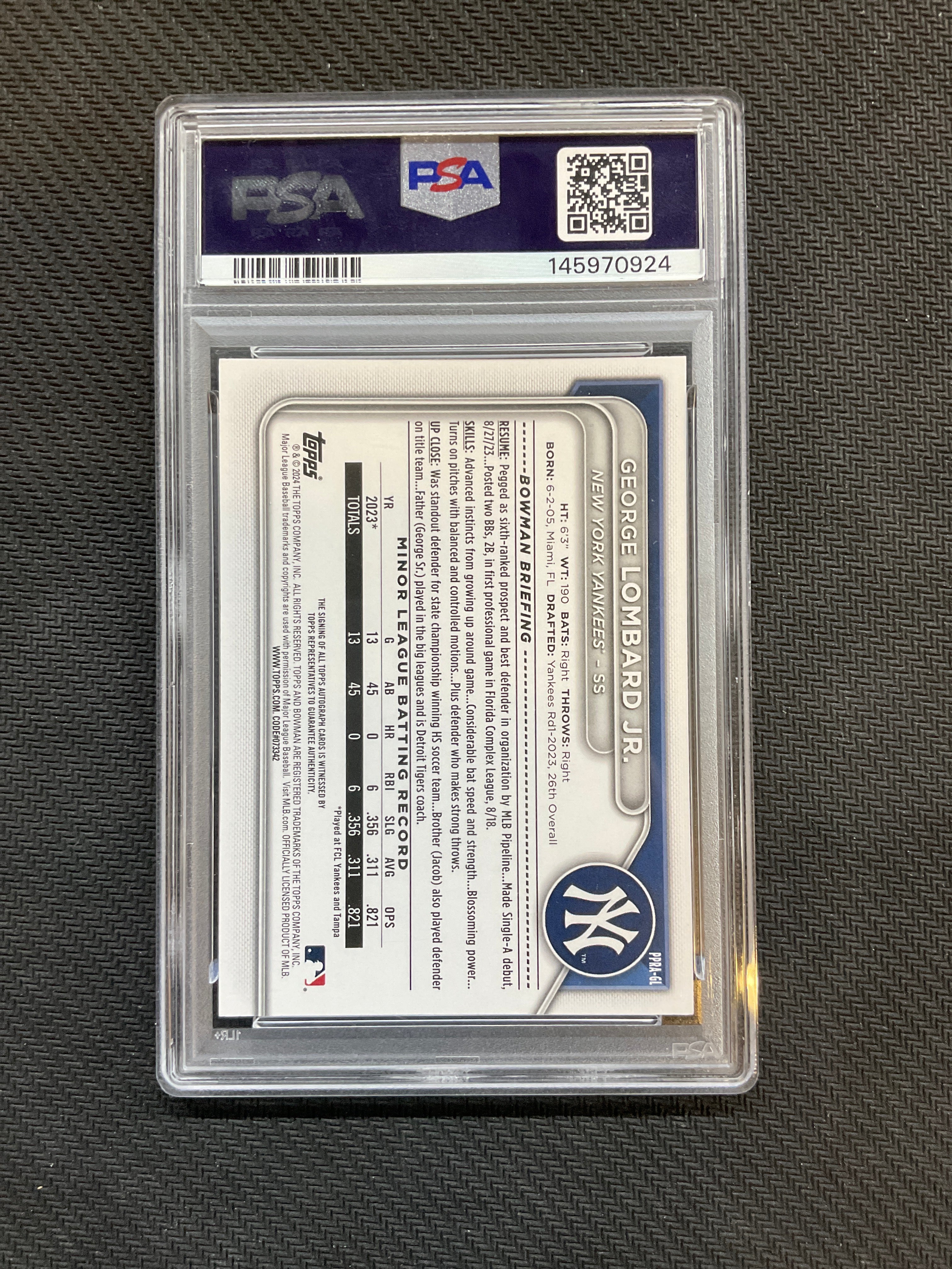2024 Bowman George Lombard Jr. Rookie Auto PSA 9 Yankees