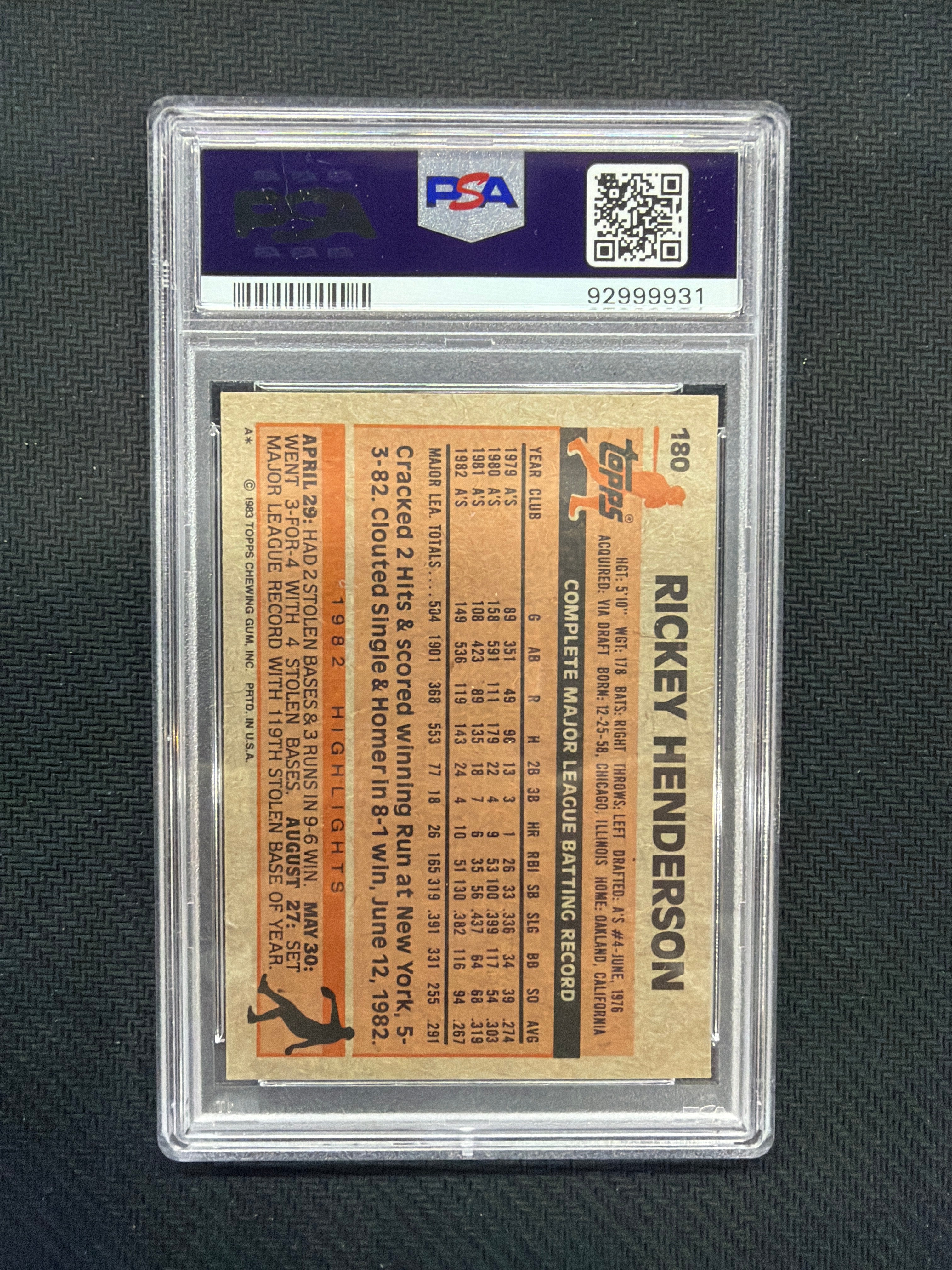 1983 Topps Rickey Henderson PSA 9 Athletics