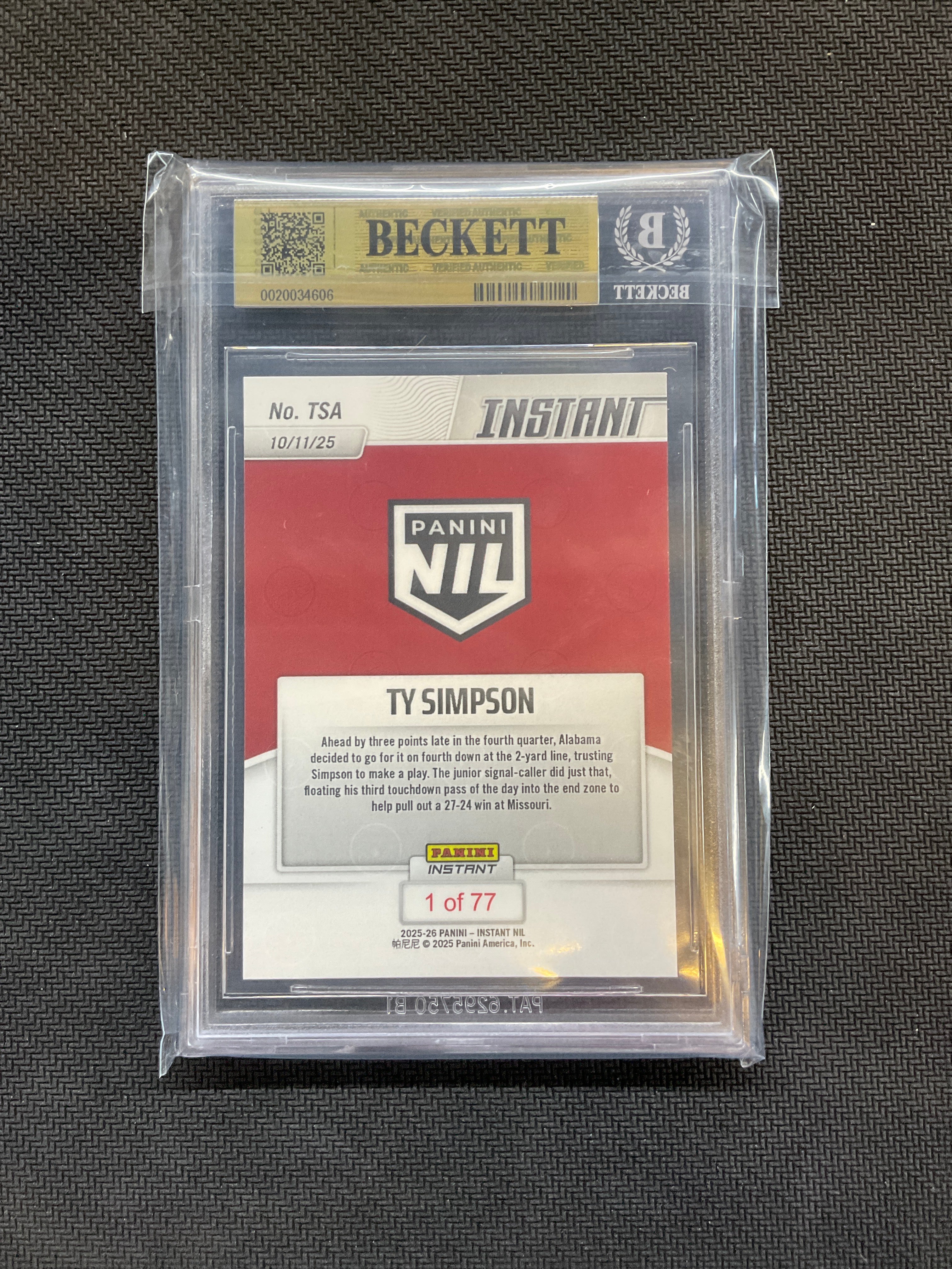 2025 Panini Instant NIL Ty Simpson BGS 9.5
