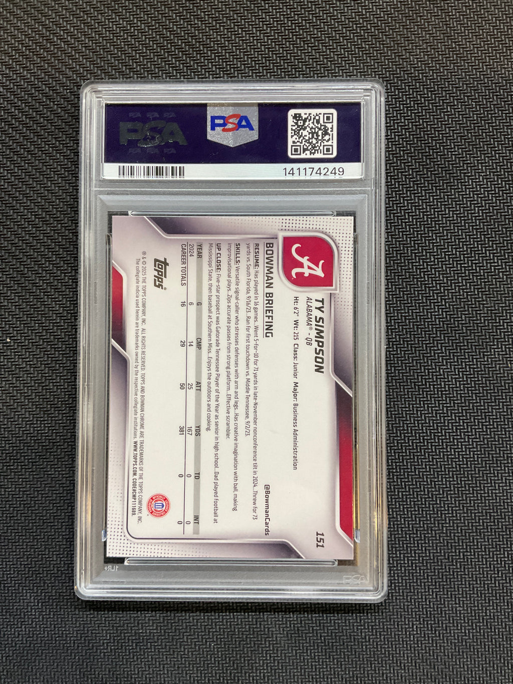 2025 Bowman U Chrome Ty Simpson Yellow /350 PSA 9 Alabama