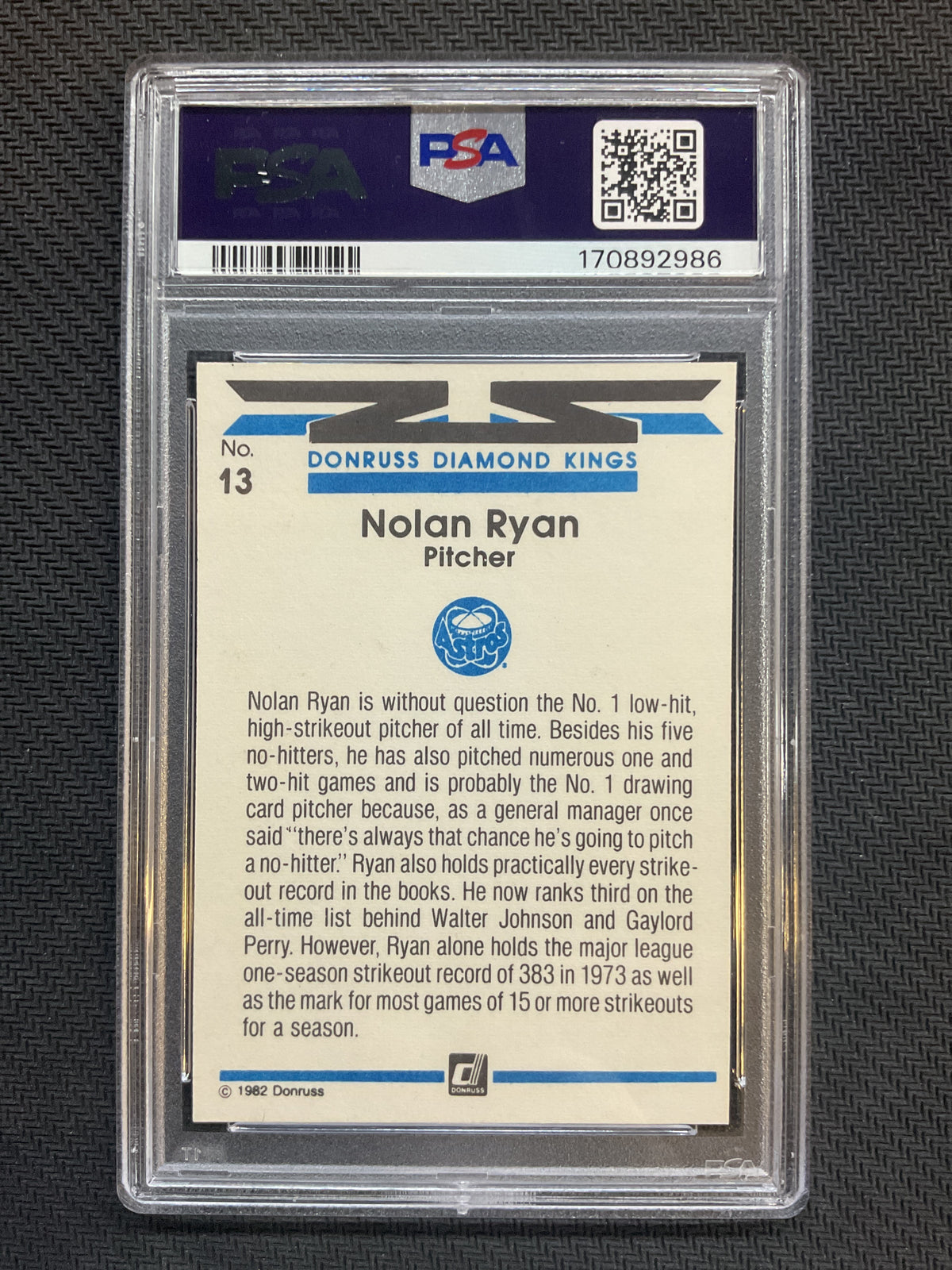 1982 Donruss Diamond Kings #13 Nolan Ryan PSA 7