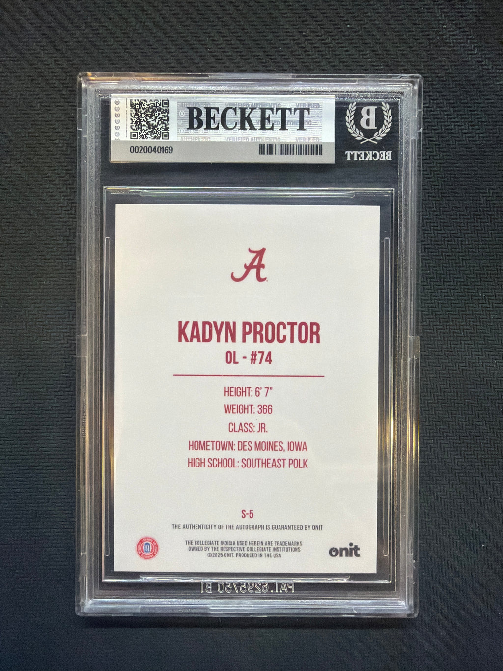 2025 Onit Alabama Kadyn Proctor Shimmer Auto /15 BGS 9 Auto 10 Alabama