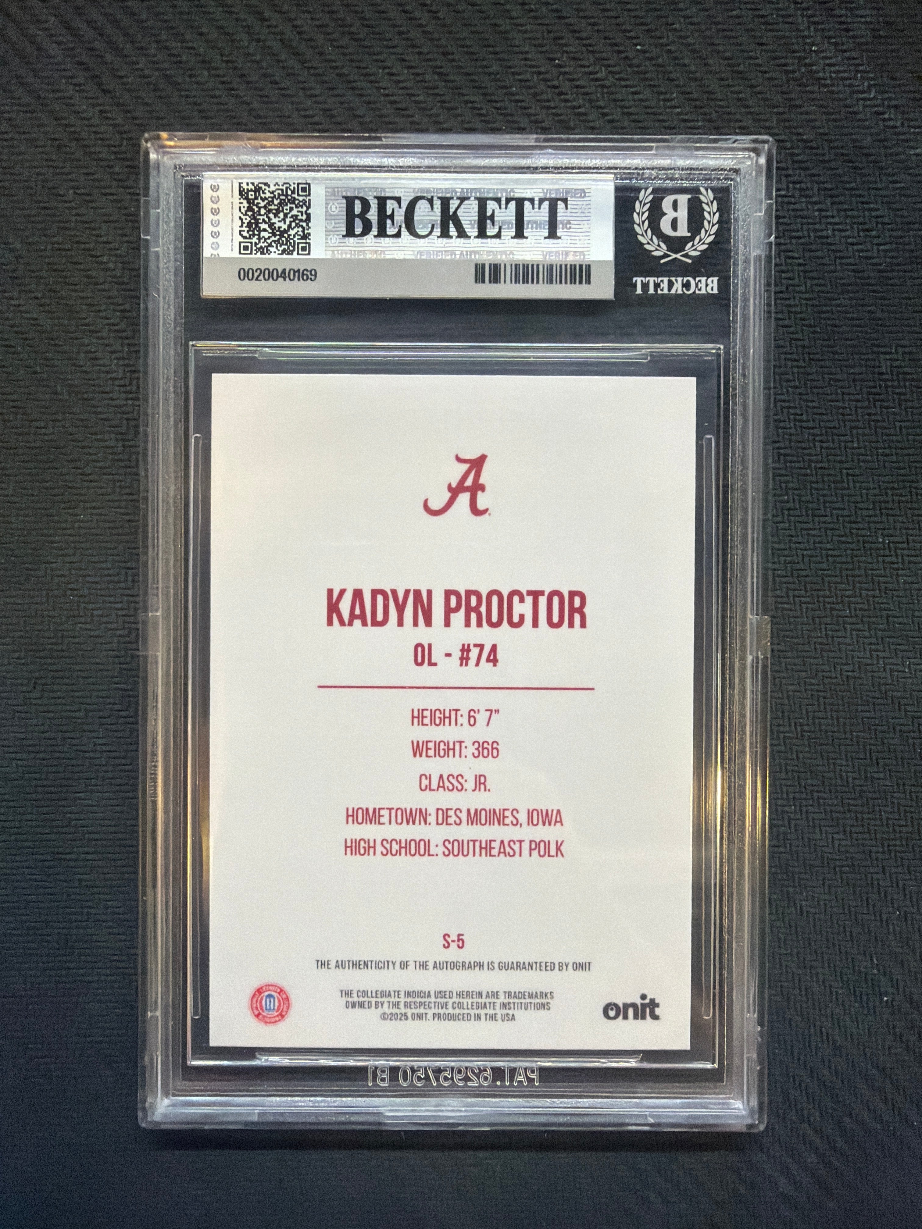 2025 Onit Alabama Kadyn Proctor Shimmer Auto /15 BGS 9 Auto 10 Alabama
