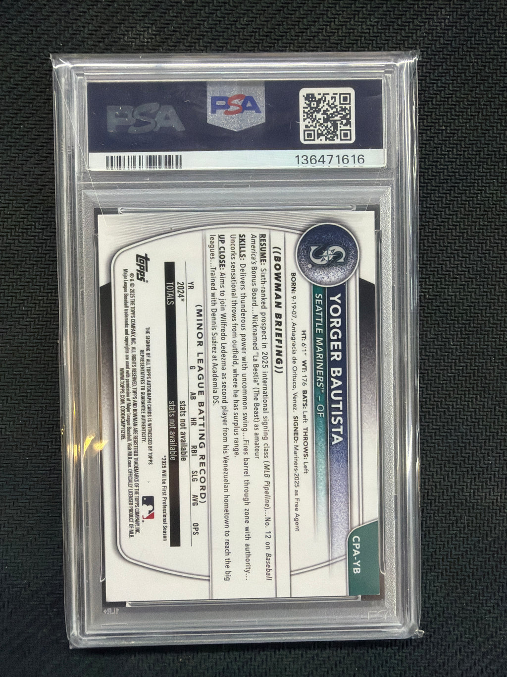 2025 Bowman Chrome Yorger Bautista Gold Auto /50 PSA 9