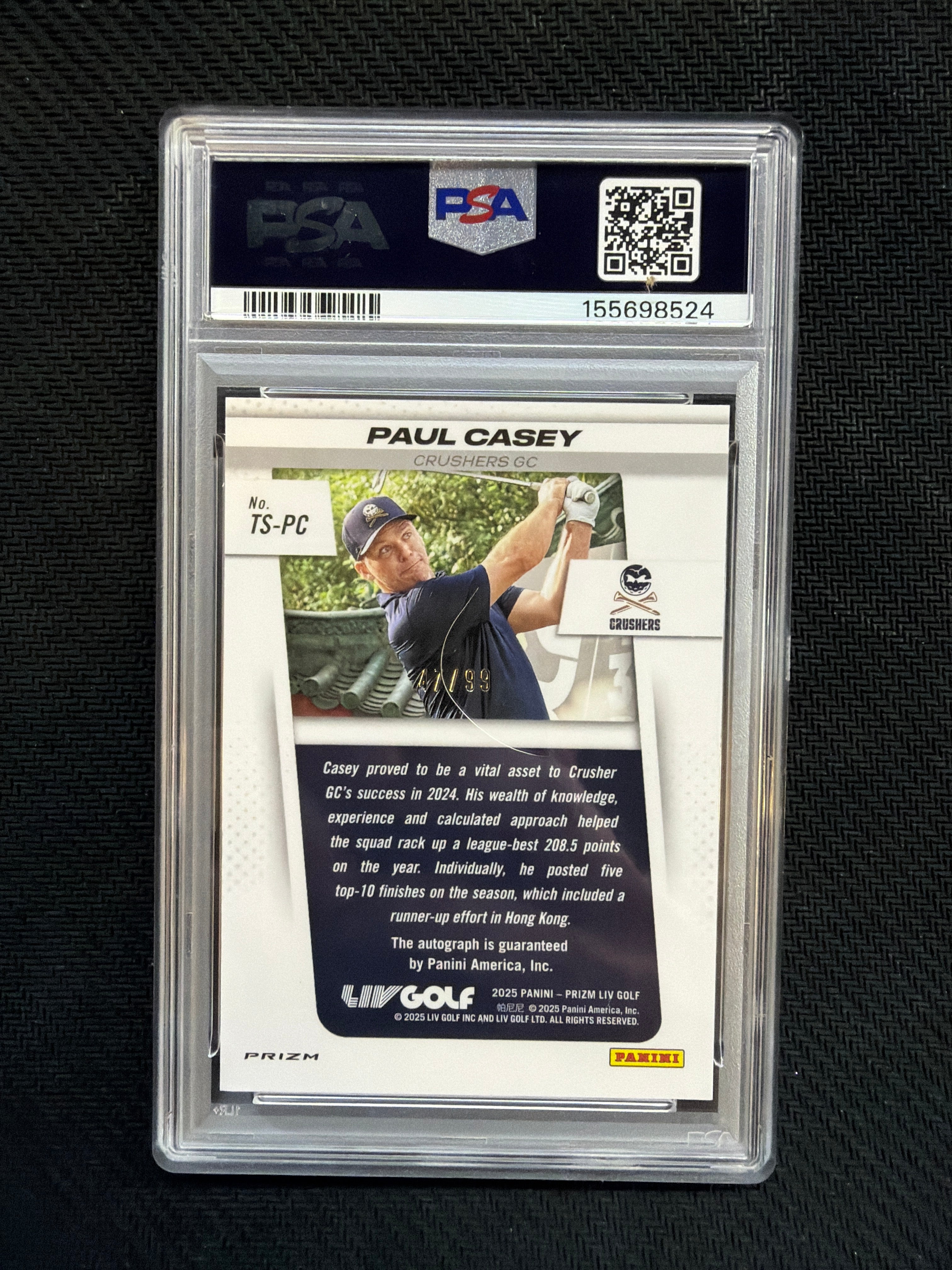 2025 Prizm Liv Golf Paul Casey Throwback Signatures Blue Prizm /99 PSA 10