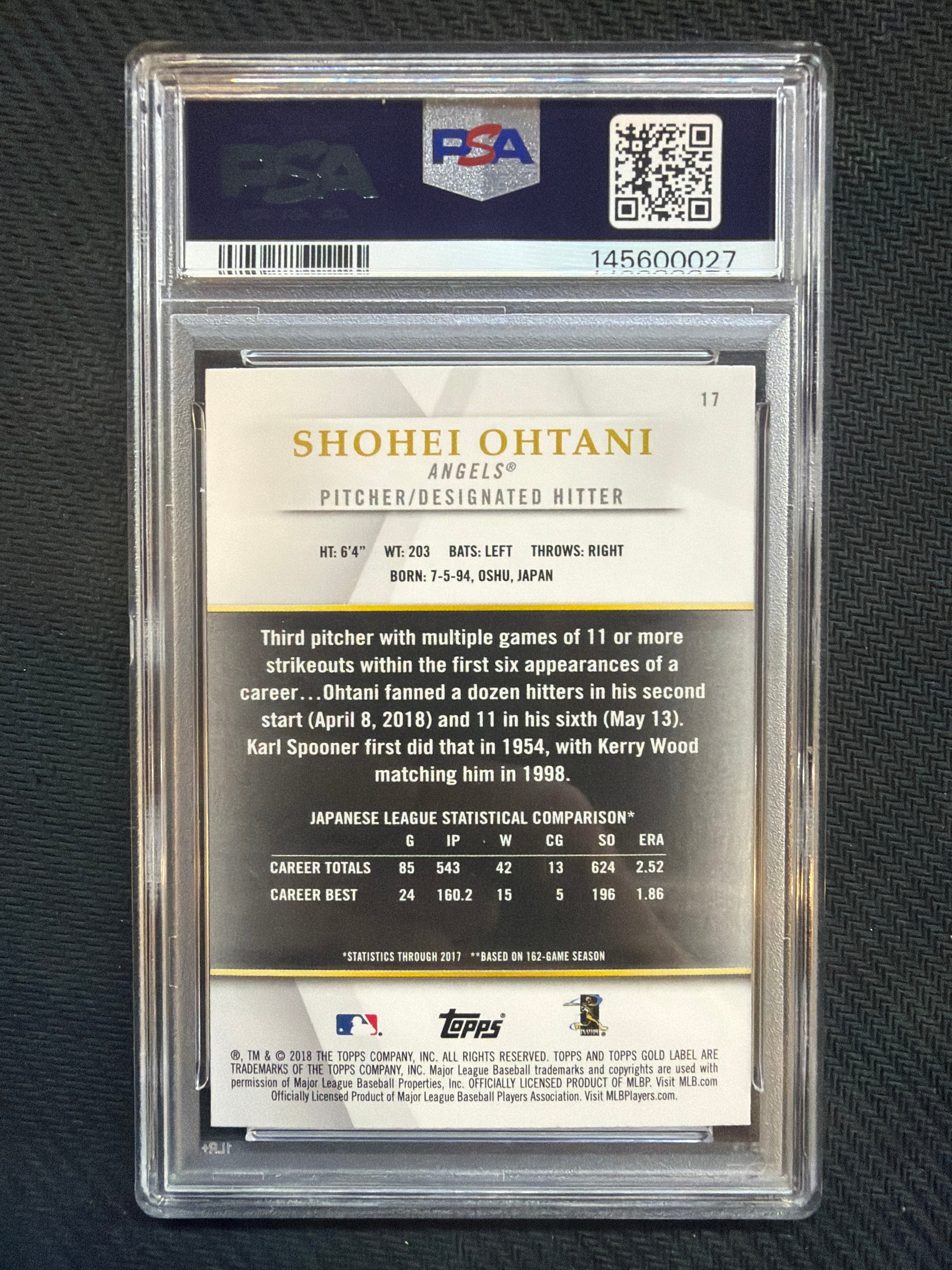 2018 Topps Gold Label Shohei Ohtani Class 2 #17 Rookie PSA 10 027