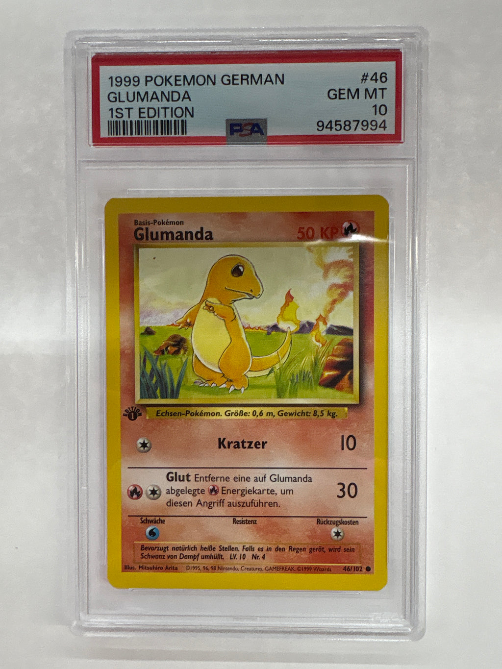 1999 German Pokemon 1st Edition Glumanda (Charmander) 46 PSA 10