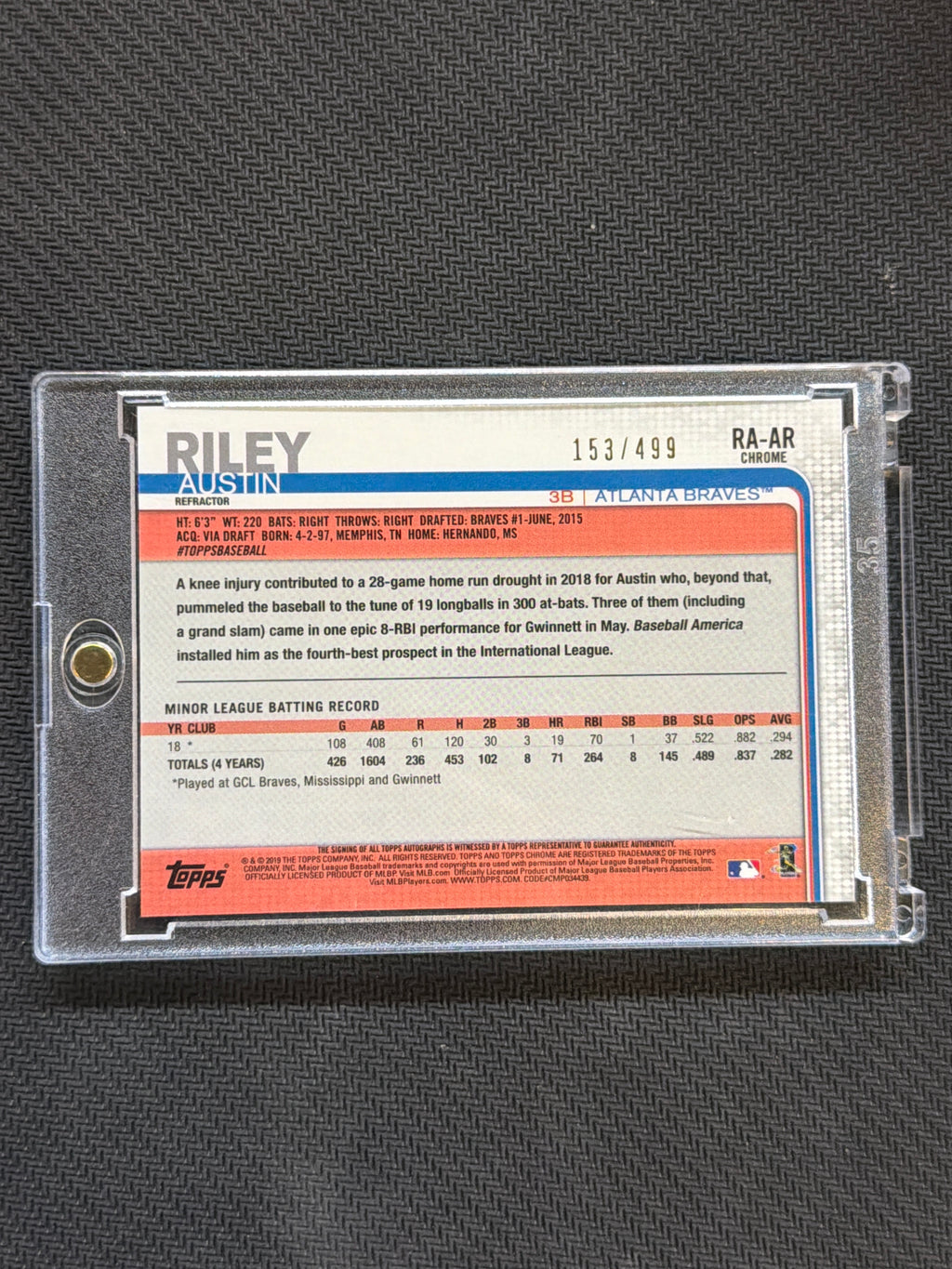 2019 Topps Chrome Austin Riley Rookie Auto Refractor /499 #RA-AR Braves