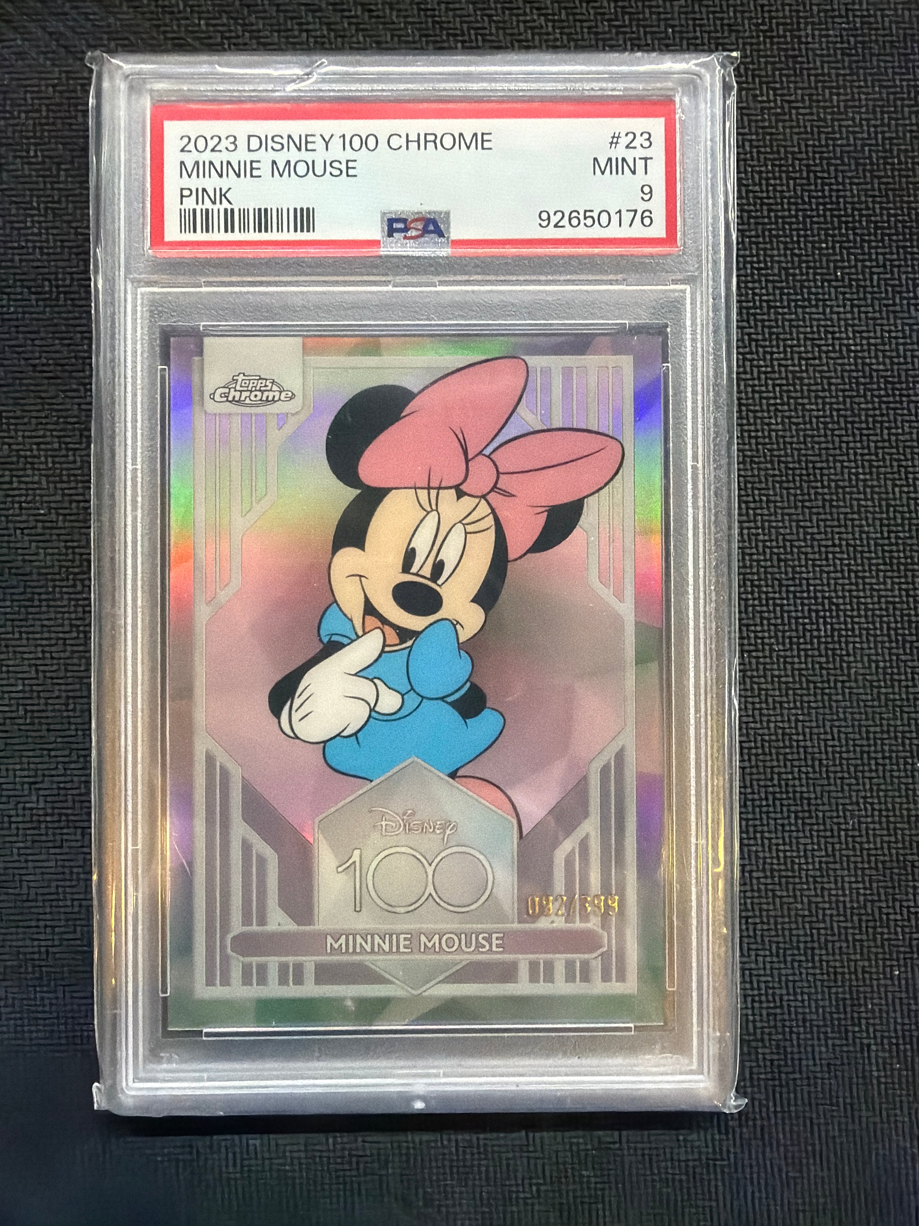 2023 Topps Chrome Disney 100 Minnie Mouse Pink /399 Rookie PSA 9