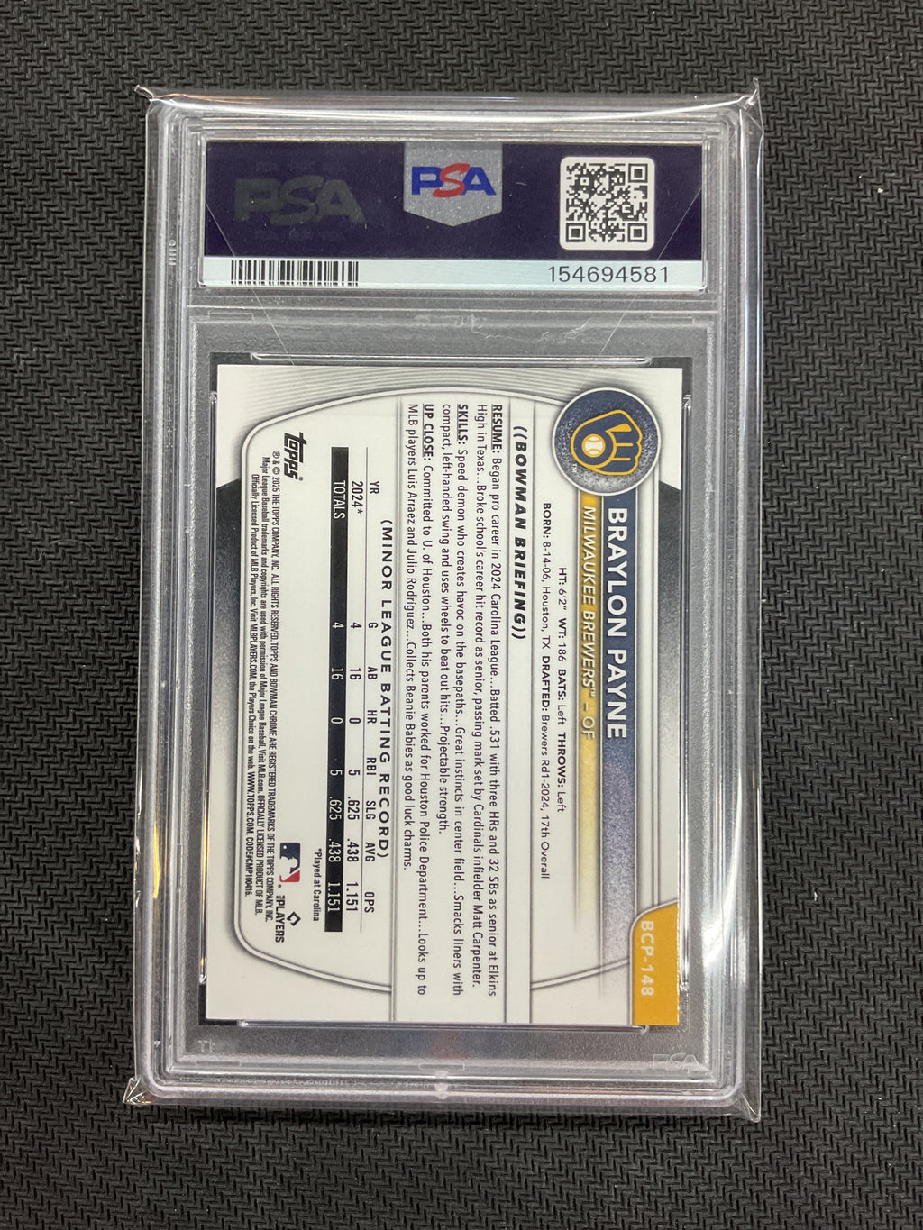 2025 Bowman Sapphire Braylon Payne PSA 9 581 Brews