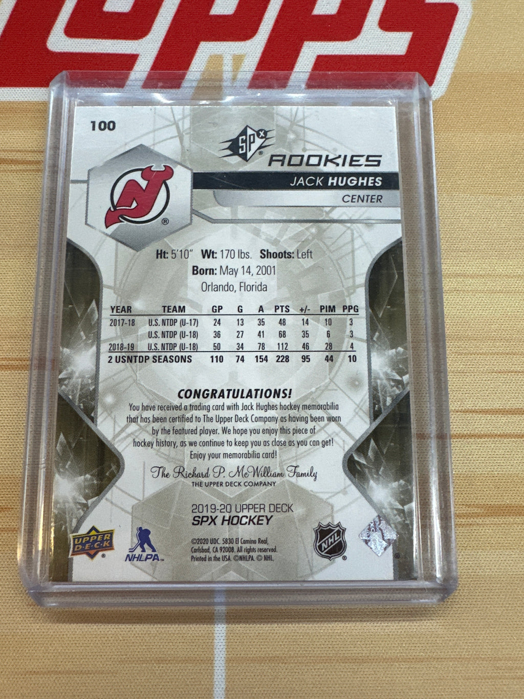 2020 Upper Deck SPx Jack Hughes Rookie Patch /199