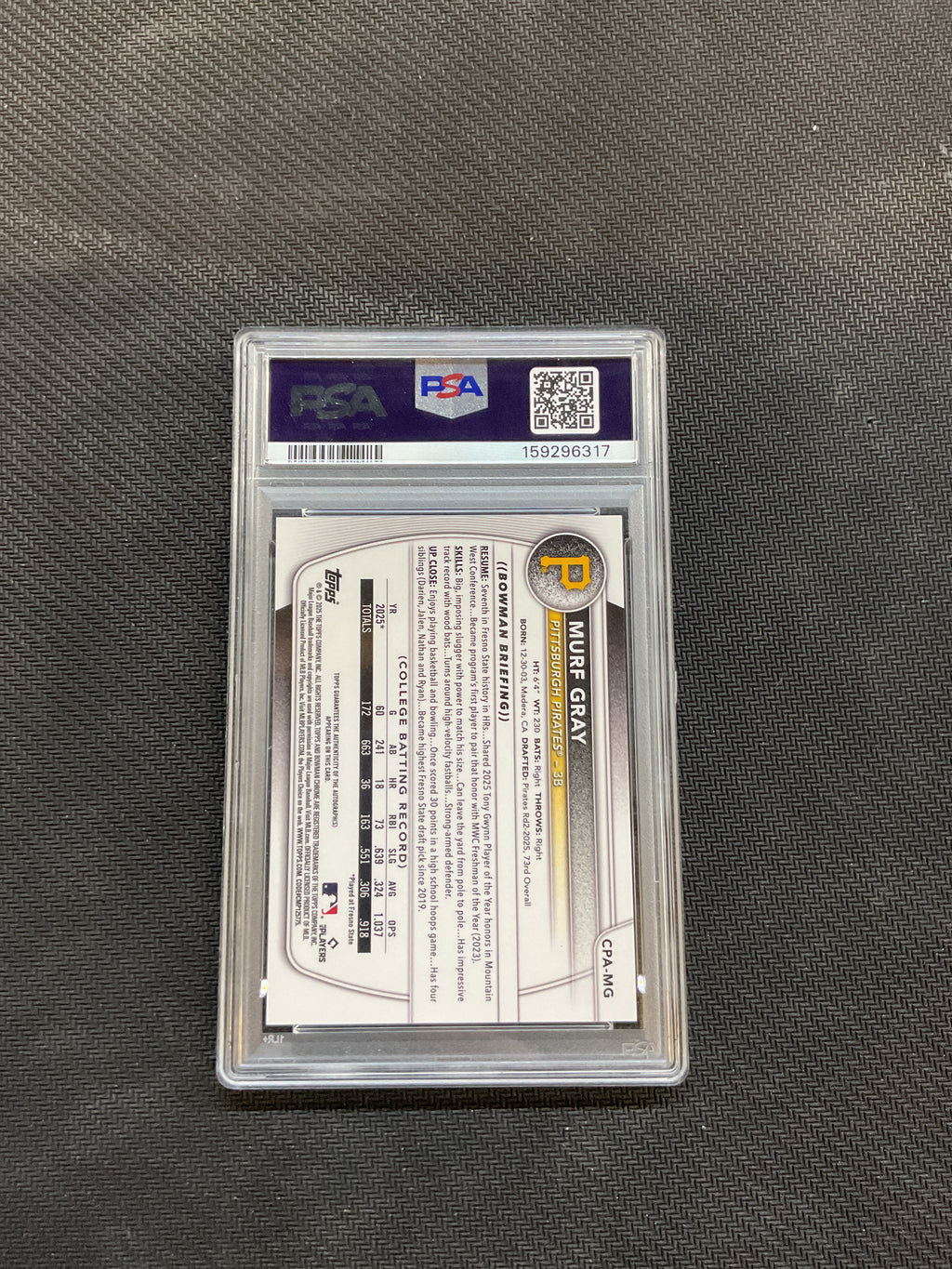 2025 Bowman Draft Murf Gray True Blue 1st Bowman Auto /150 PSA 9 Pirates