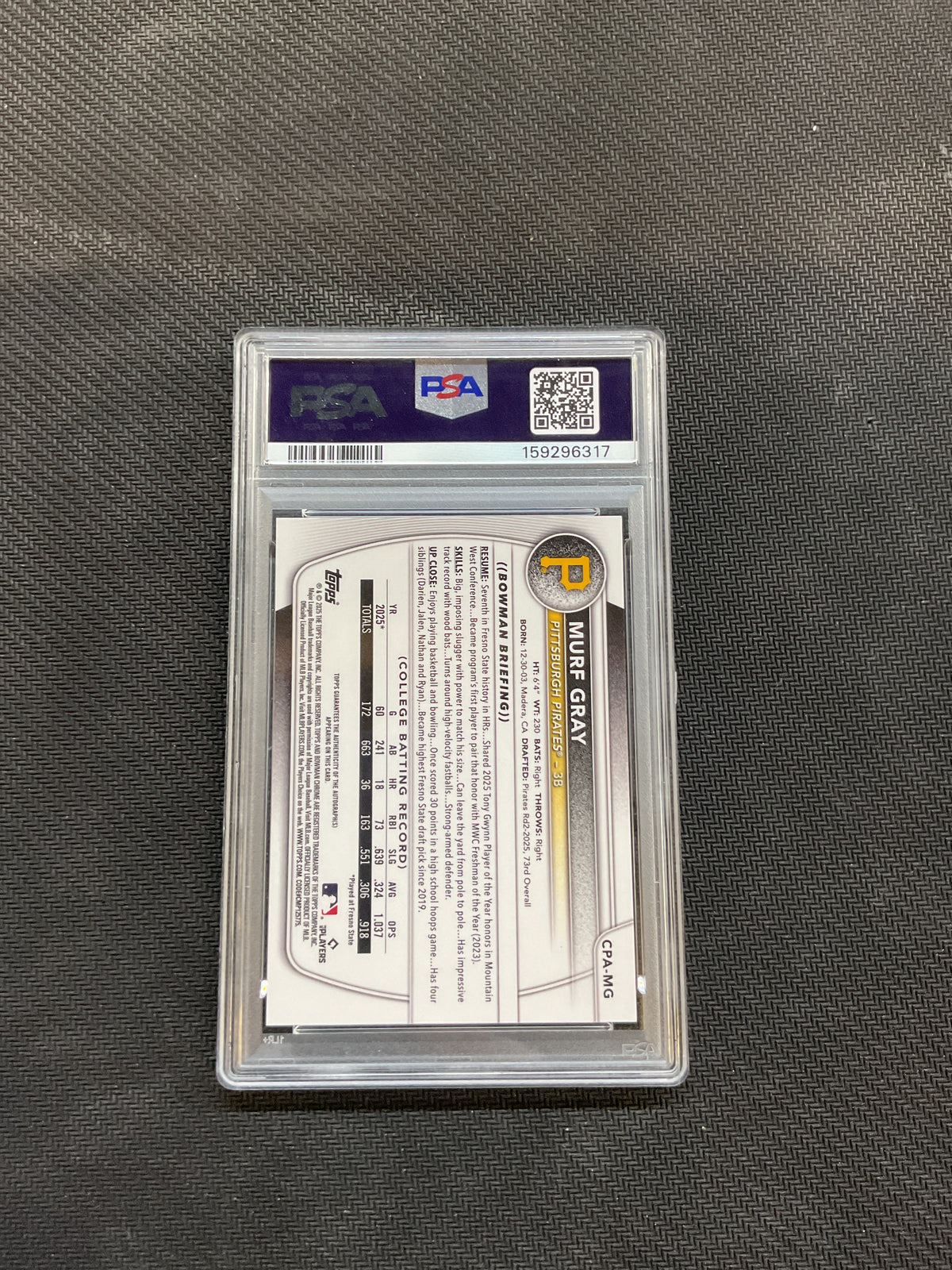 2025 Bowman Draft Murf Gray True Blue 1st Bowman Auto /150 PSA 9 Pirates