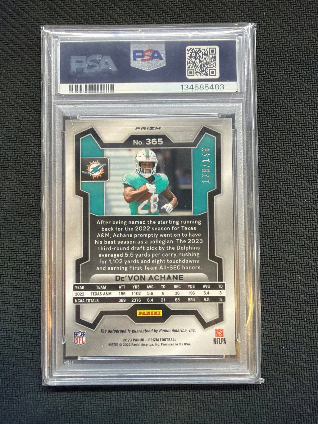 2023 Prizm De'Von Achane Rookie Red Wave /149 Auto PSA 9 Dolphins