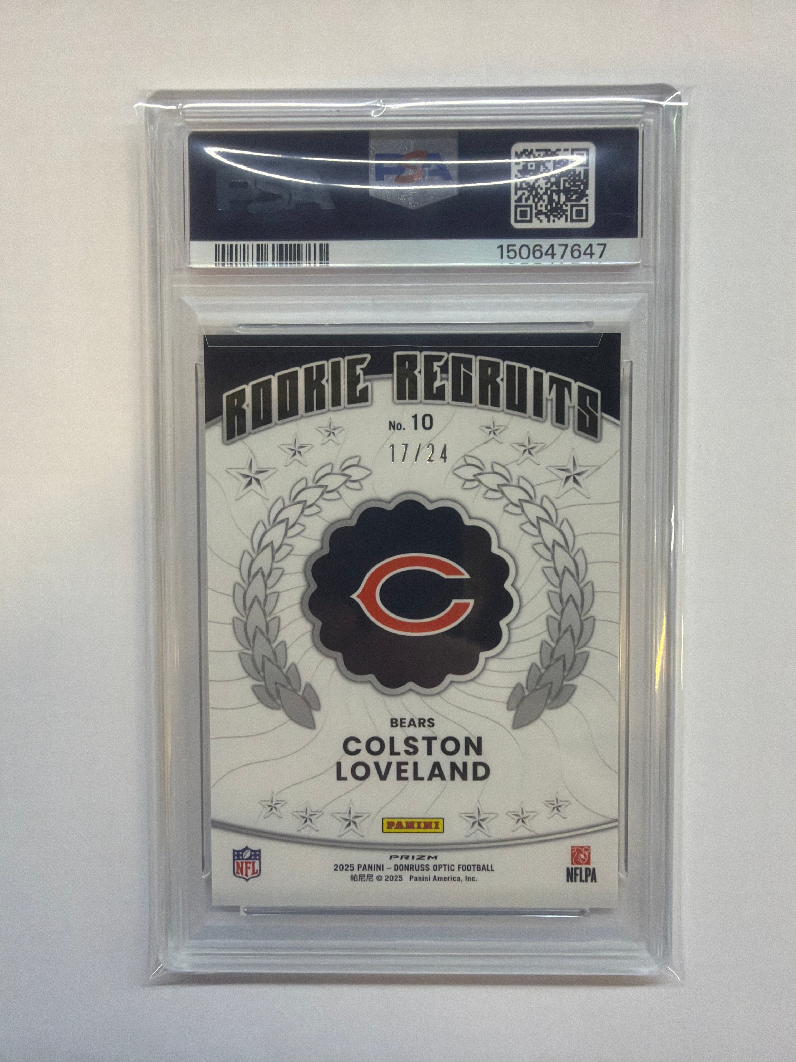 2025 Donruss Optic Colston Loveland Rookie Recruits Dragon /24 PSA 10