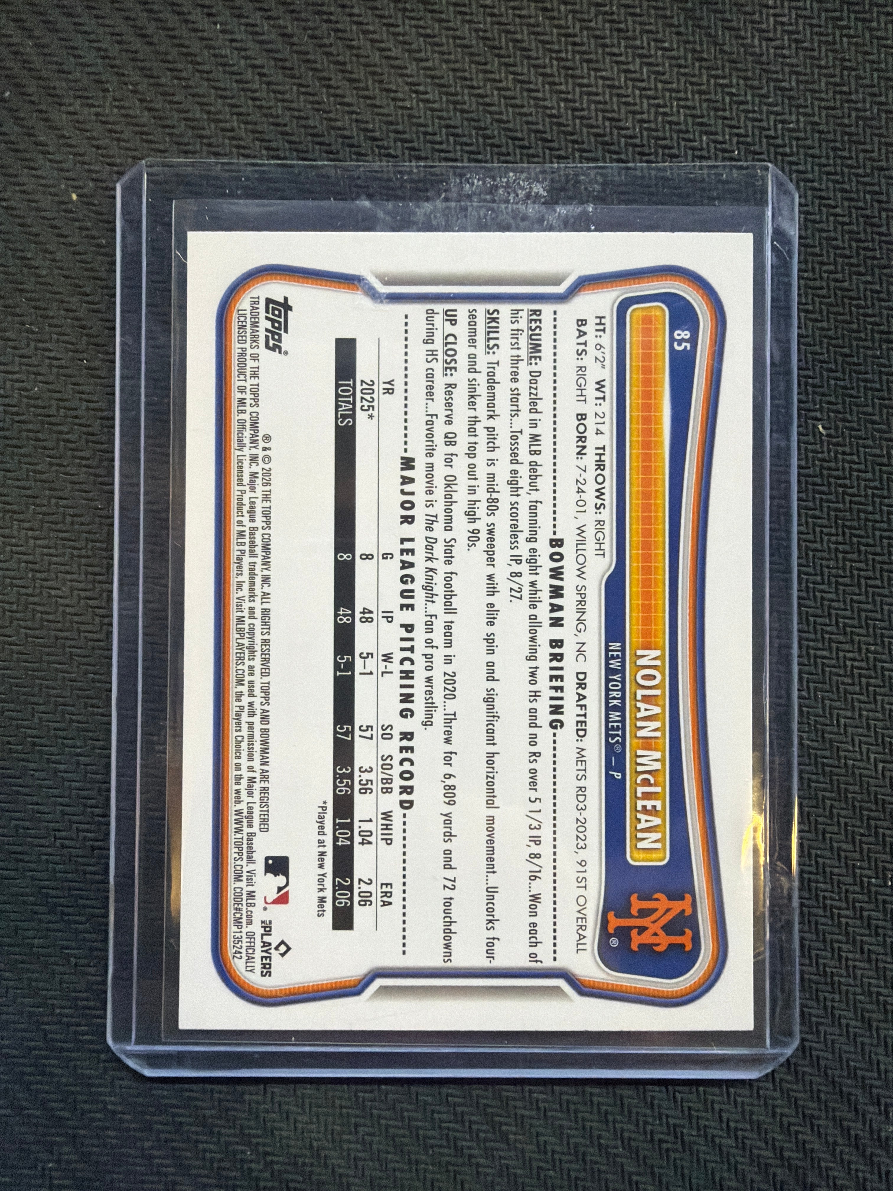 2026 Bowman Paper Nolan Mclean Rookie Yellow /75 Mets