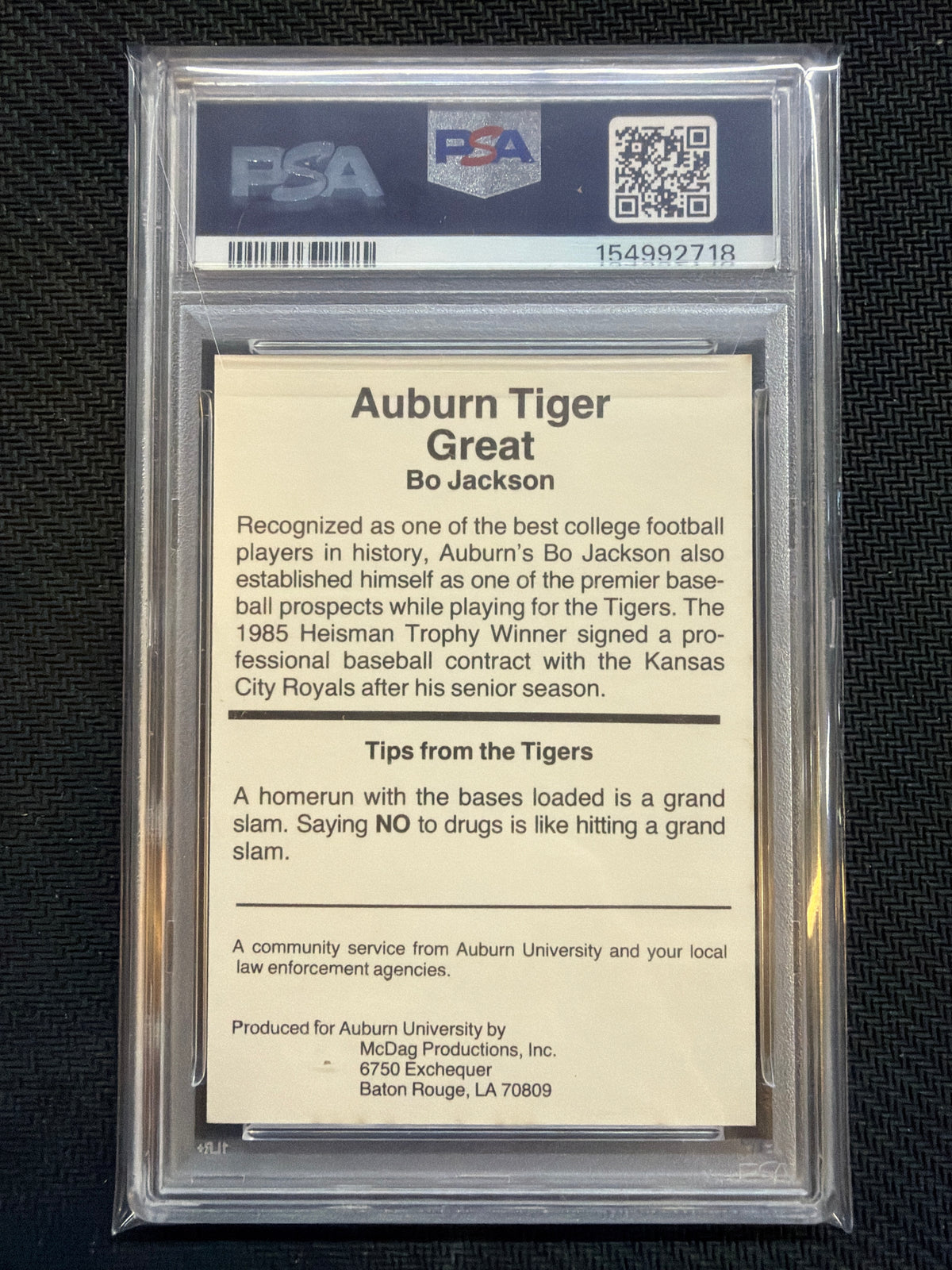 1987 Auburn Tigers Bo Jackson Tiger Great Baseball PSA 9