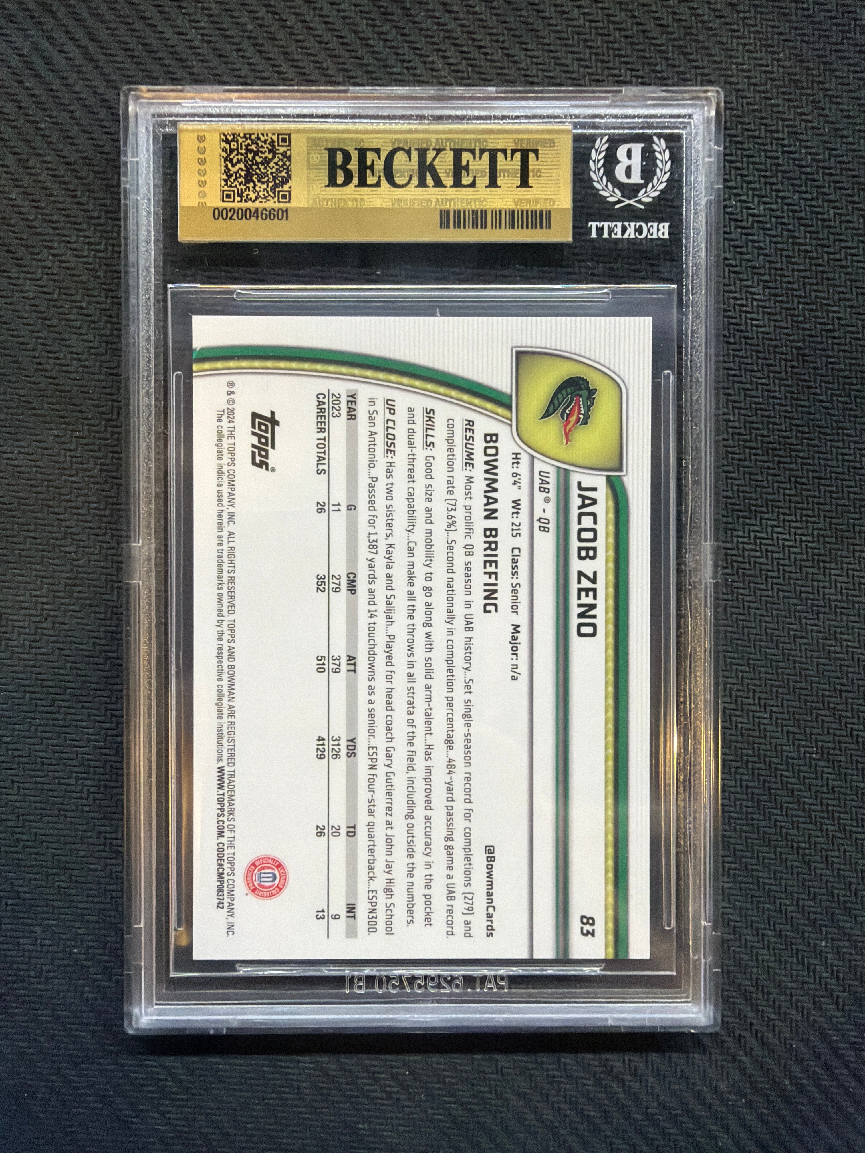2024 Bowman Chrome U Jacob Zeno Blue /199 BGS 9.5 UAB
