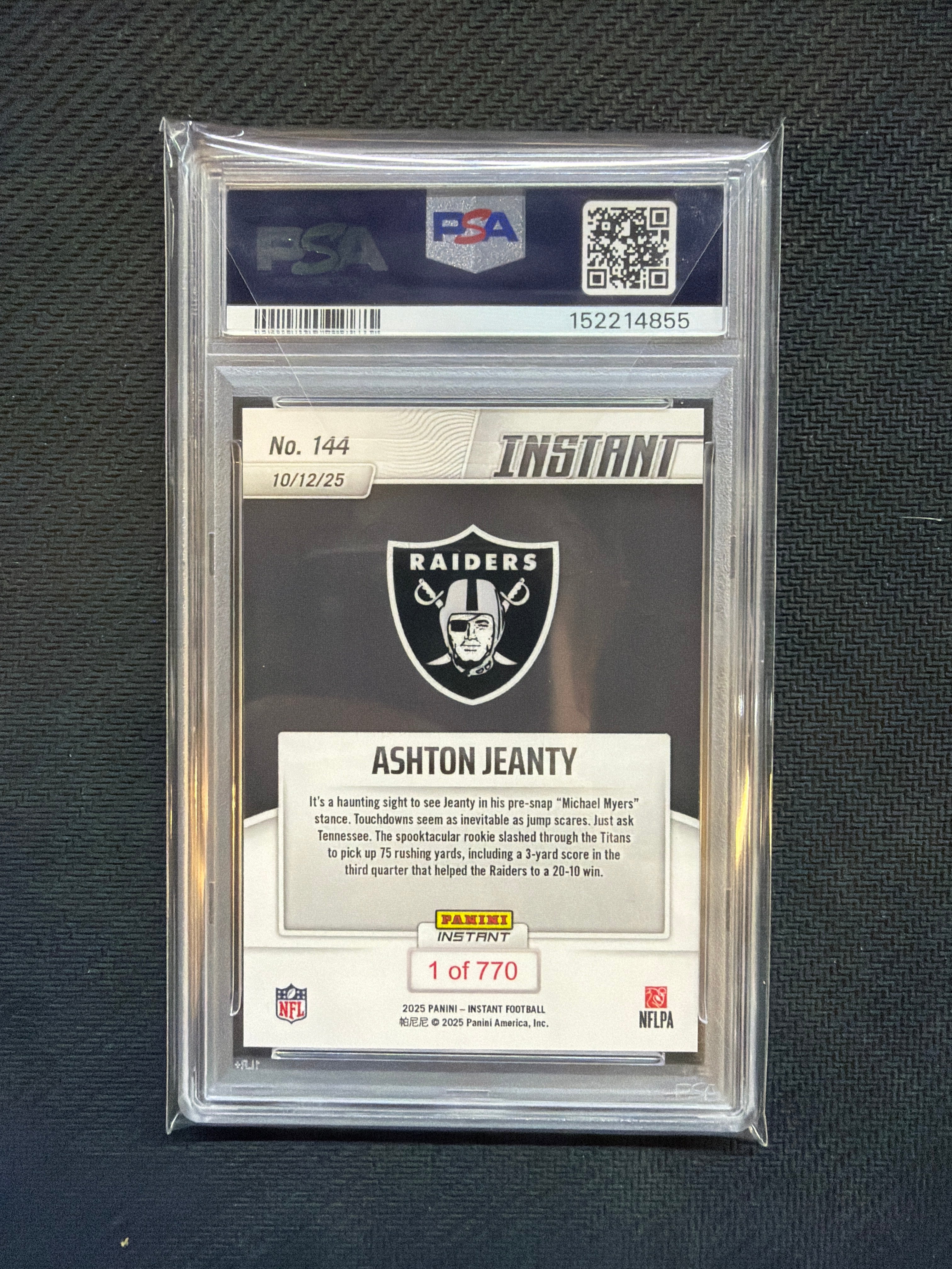 2025 Panini Instant NFL Ashton Jeanty PSA 10 855