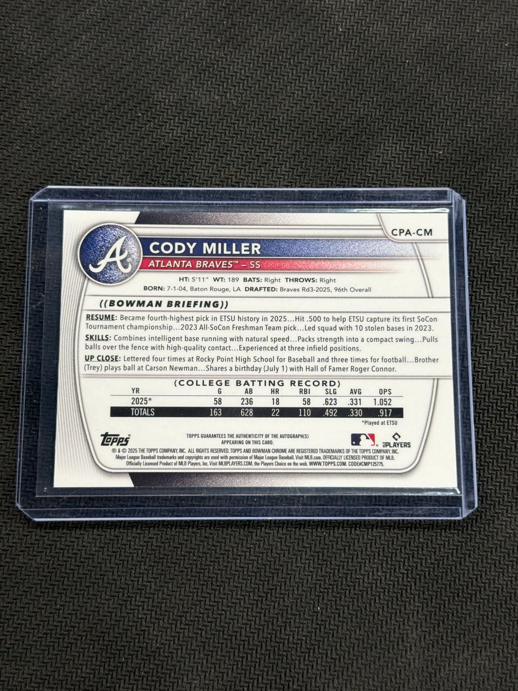 2025 Bowman Chrome Cody Miller Rookie Auto Braves