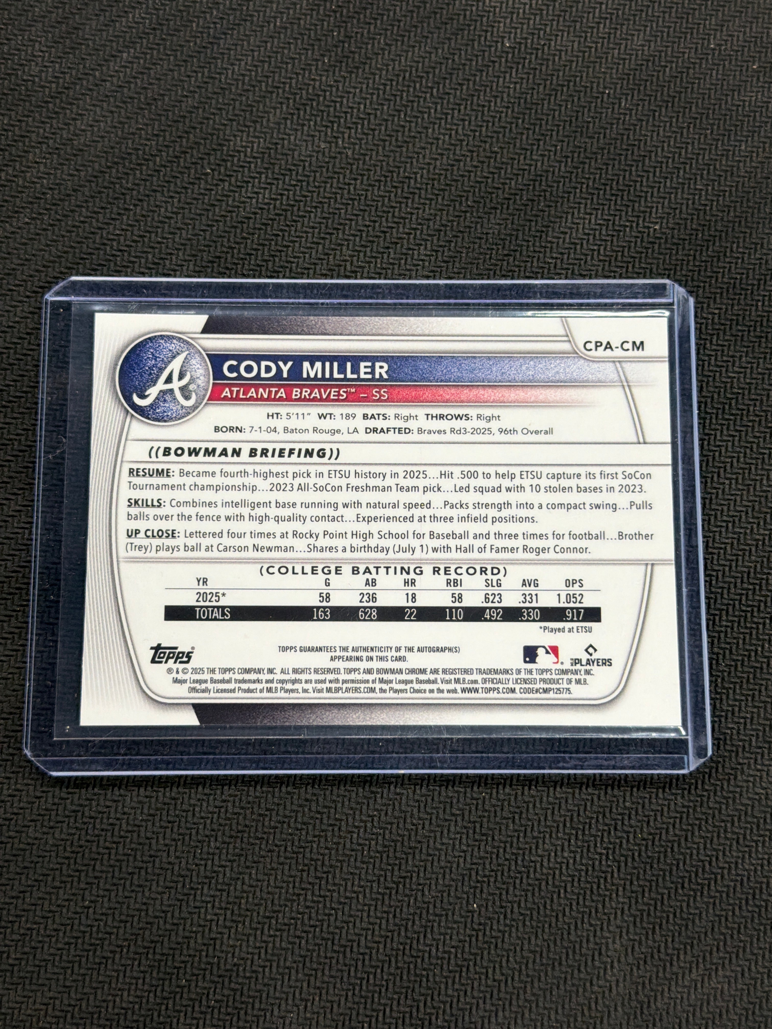 2025 Bowman Chrome Cody Miller Rookie Auto Braves