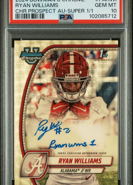 2024 Bowman Chrome University Ryan Williams Super Fractor 1/1 Auto PSA 10