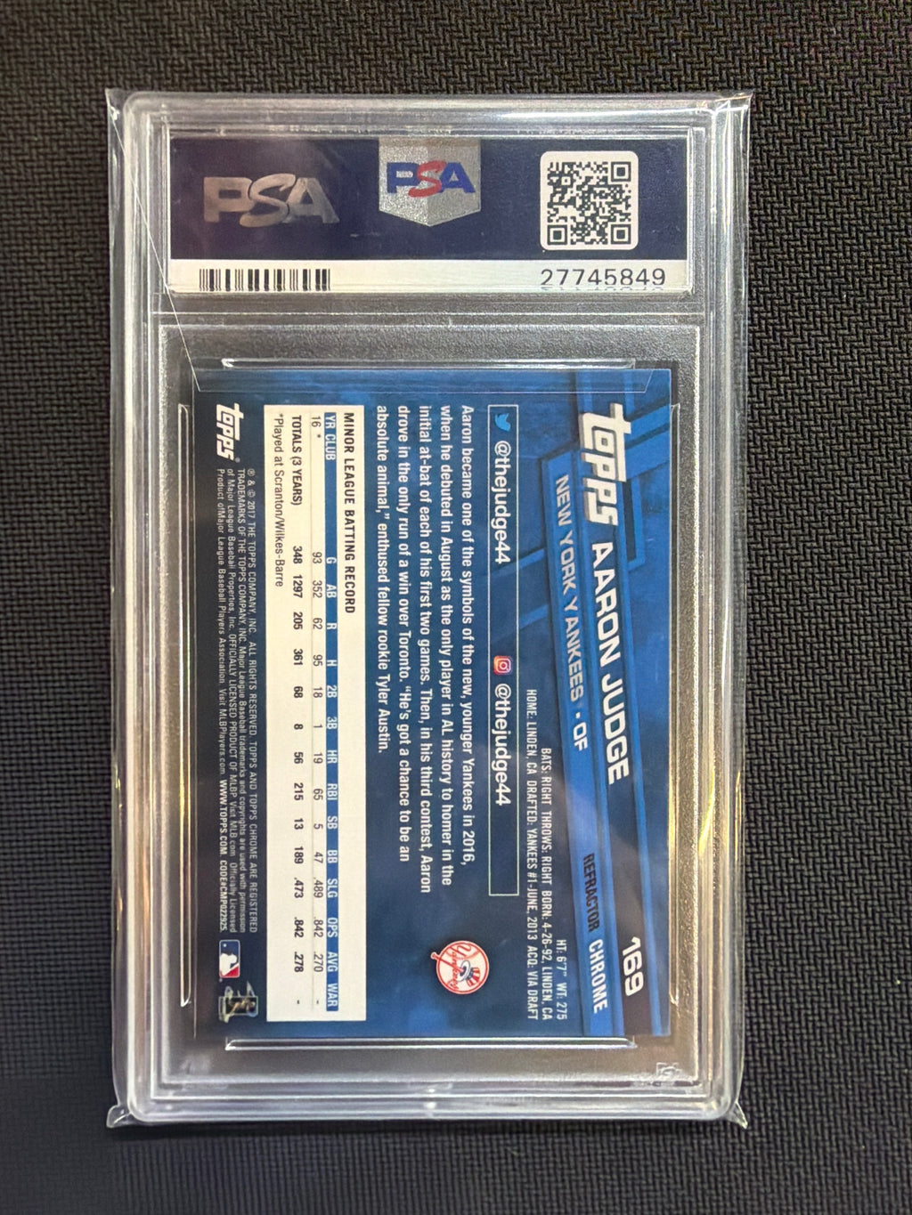 2017 Topps Chrome Aaron Judge Rookie #169 Refractor PSA 10 Yankees