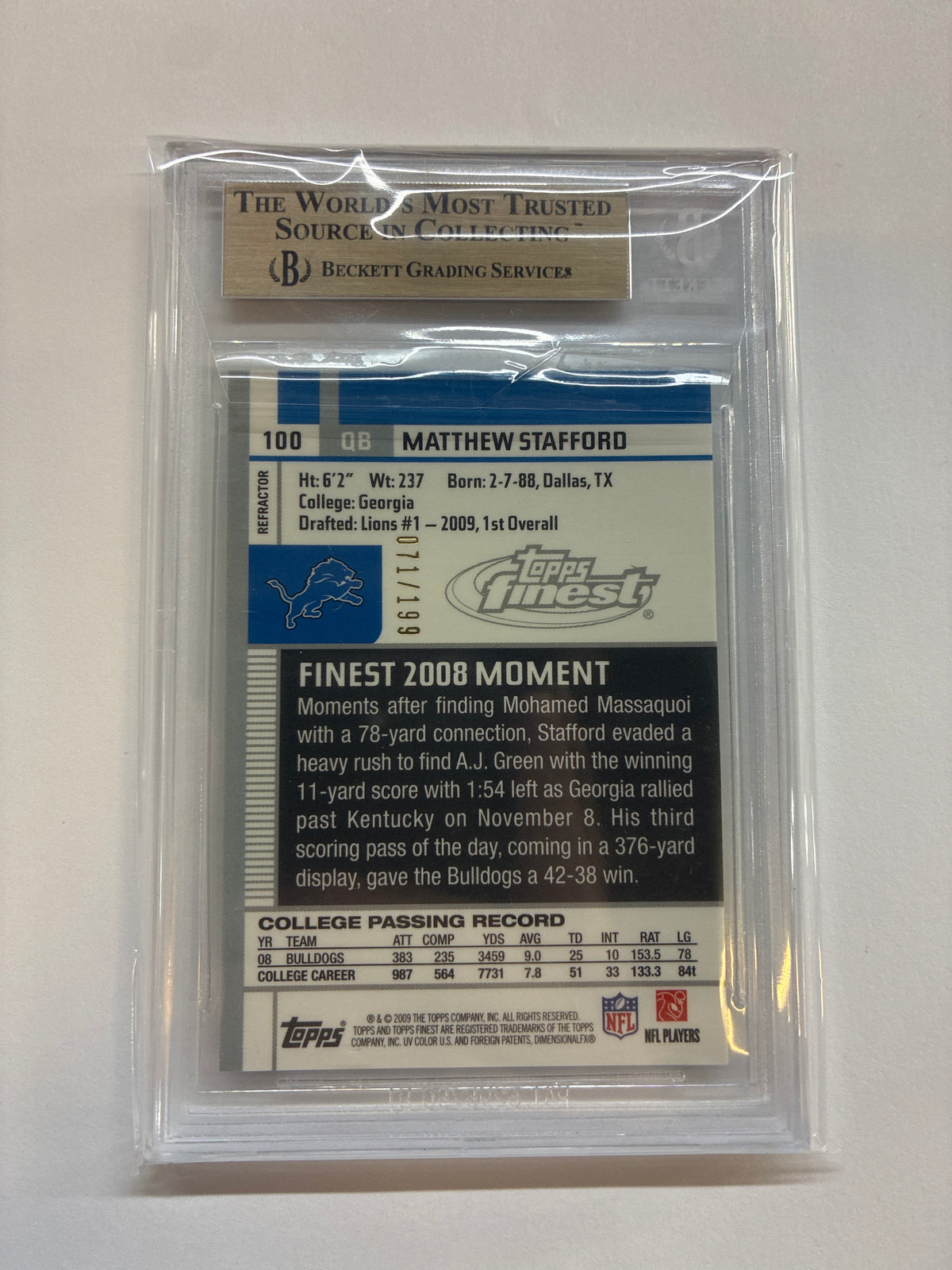2009 Topps Finest Matthew Stafford Rookie Green Refractor /199 BGS 9.5 Lions