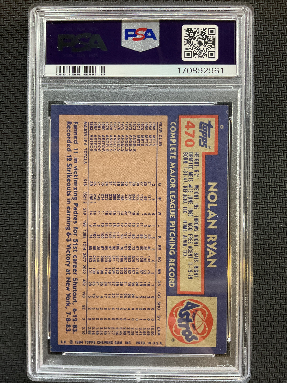 1984 Topps #470 Nolan Ryan PSA 8