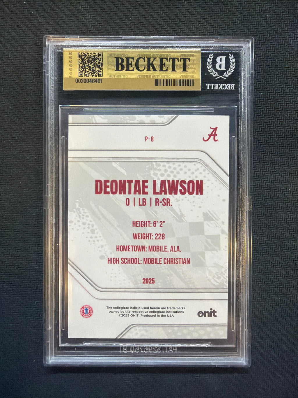 2025 Onit Alabama Deontae Lawson Purple /199 BGS 9.5 Alabama
