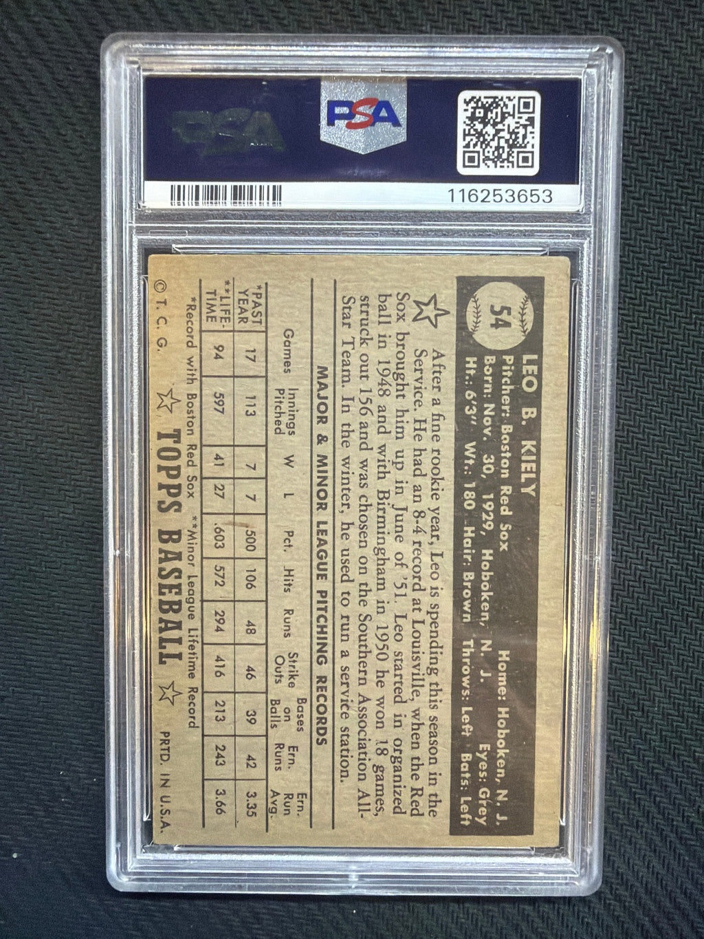 1952 Topps Leo Kiely #54 Black Back PSA 4 Red Sox