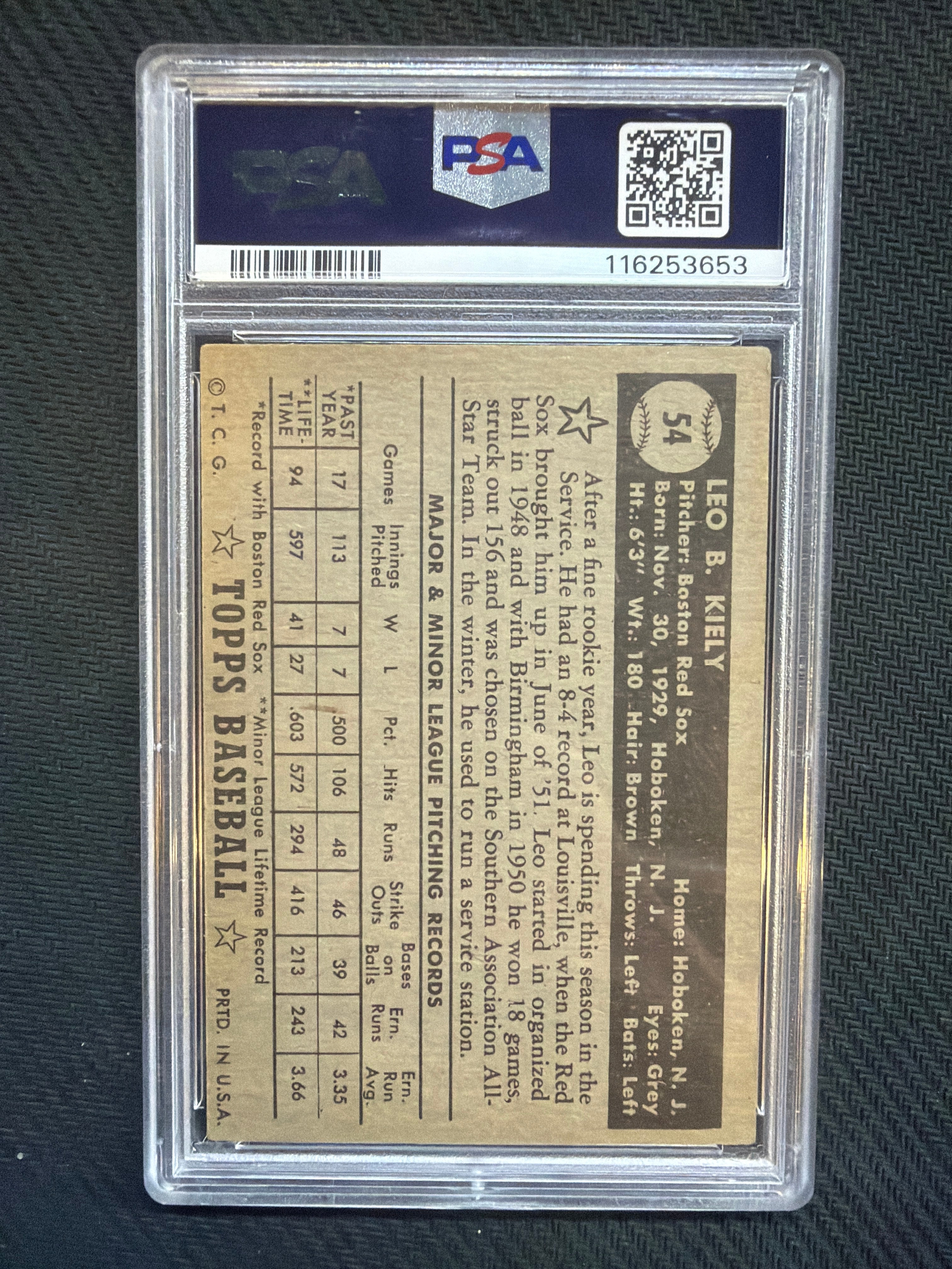 1952 Topps Leo Kiely #54 Black Back PSA 4 Red Sox