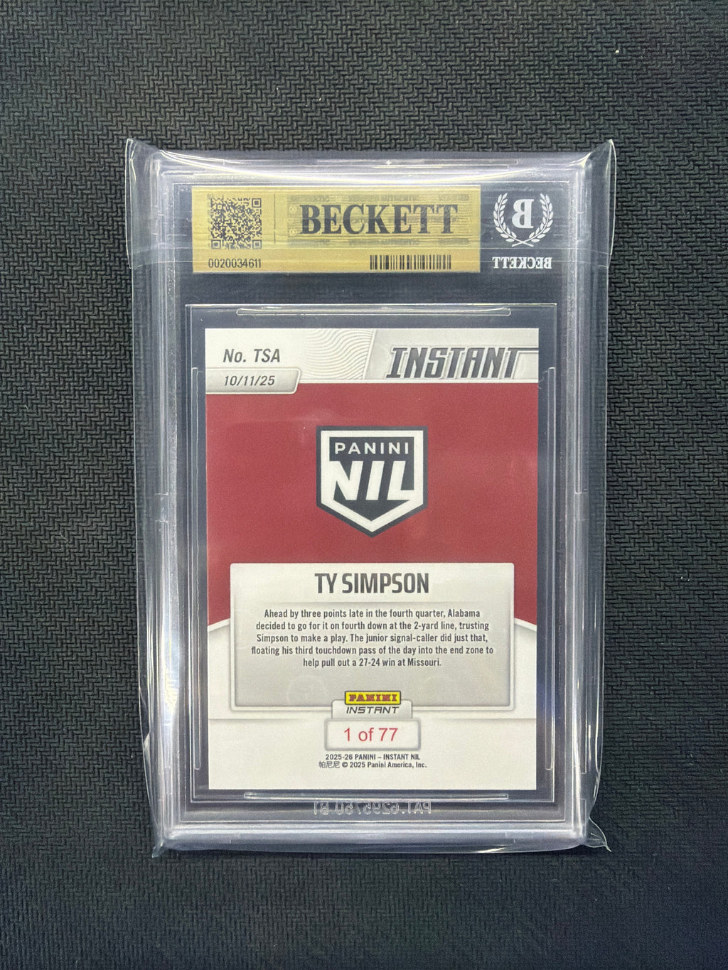 2025 Panini Instant NIL TY Simpson BGS 10 611