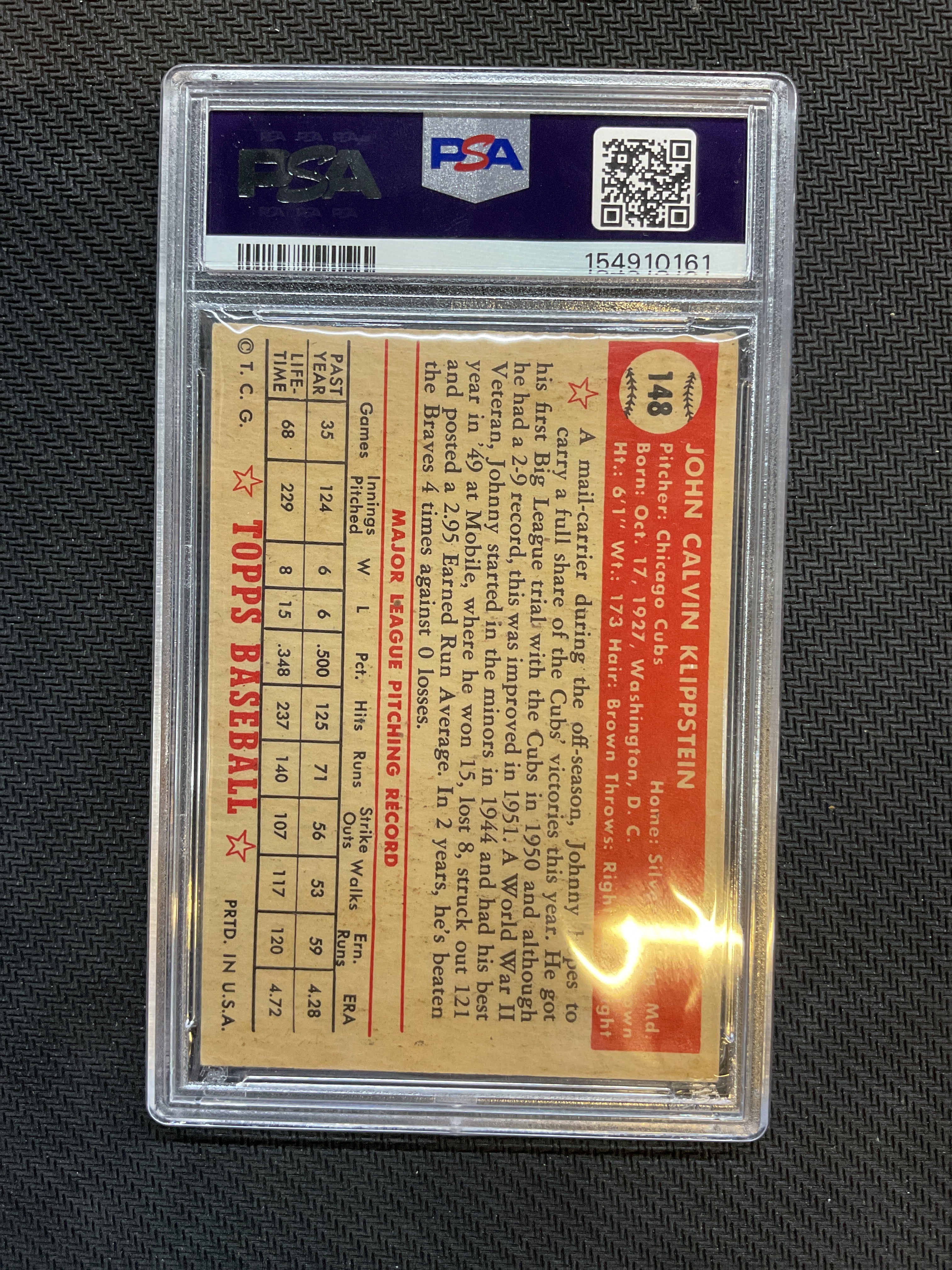 1952 Topps Johnny Klippstein #148 PSA 4 161