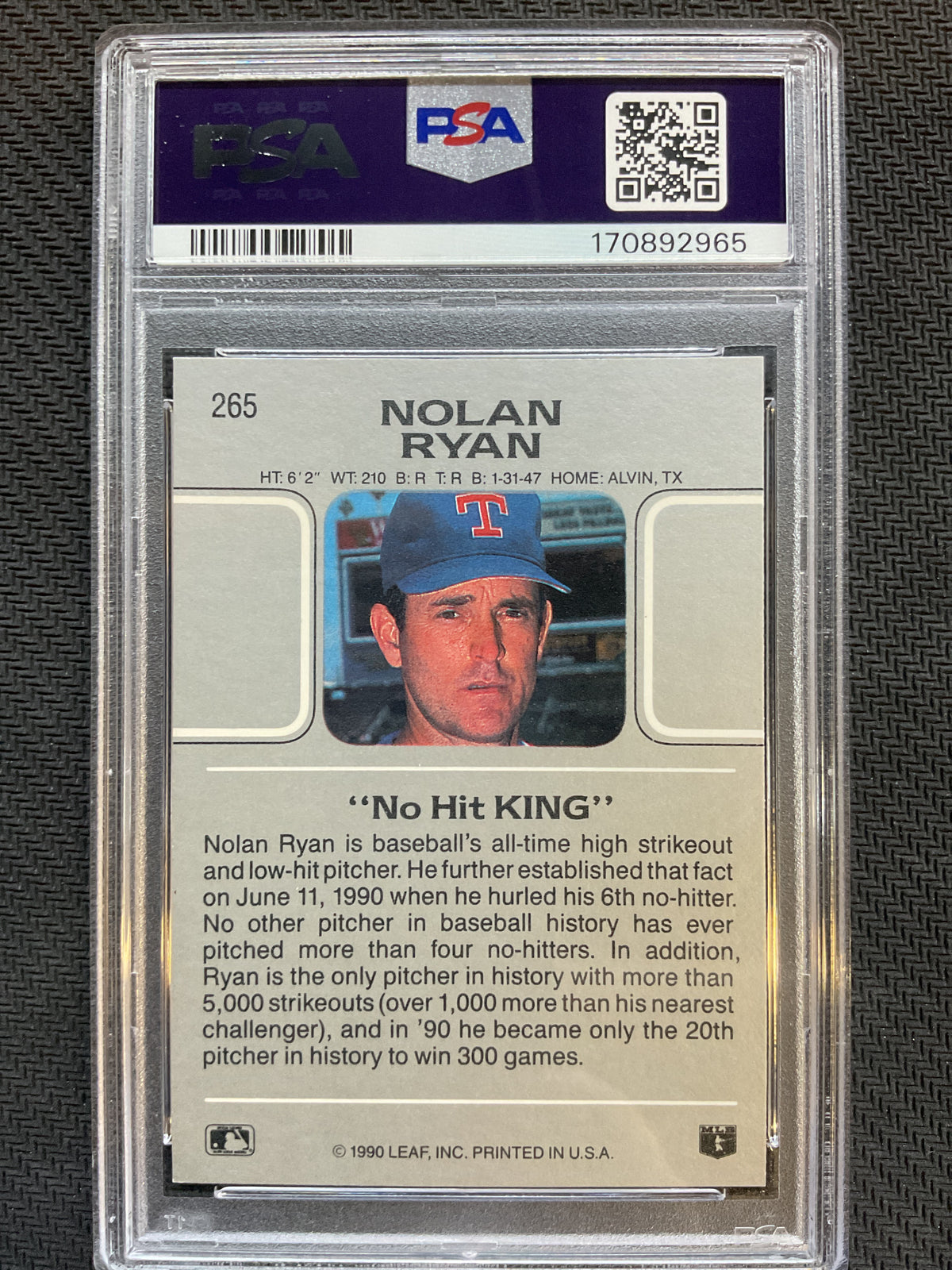 1990 Leaf #265 Nolan Ryan "No Hit King" PSA 8