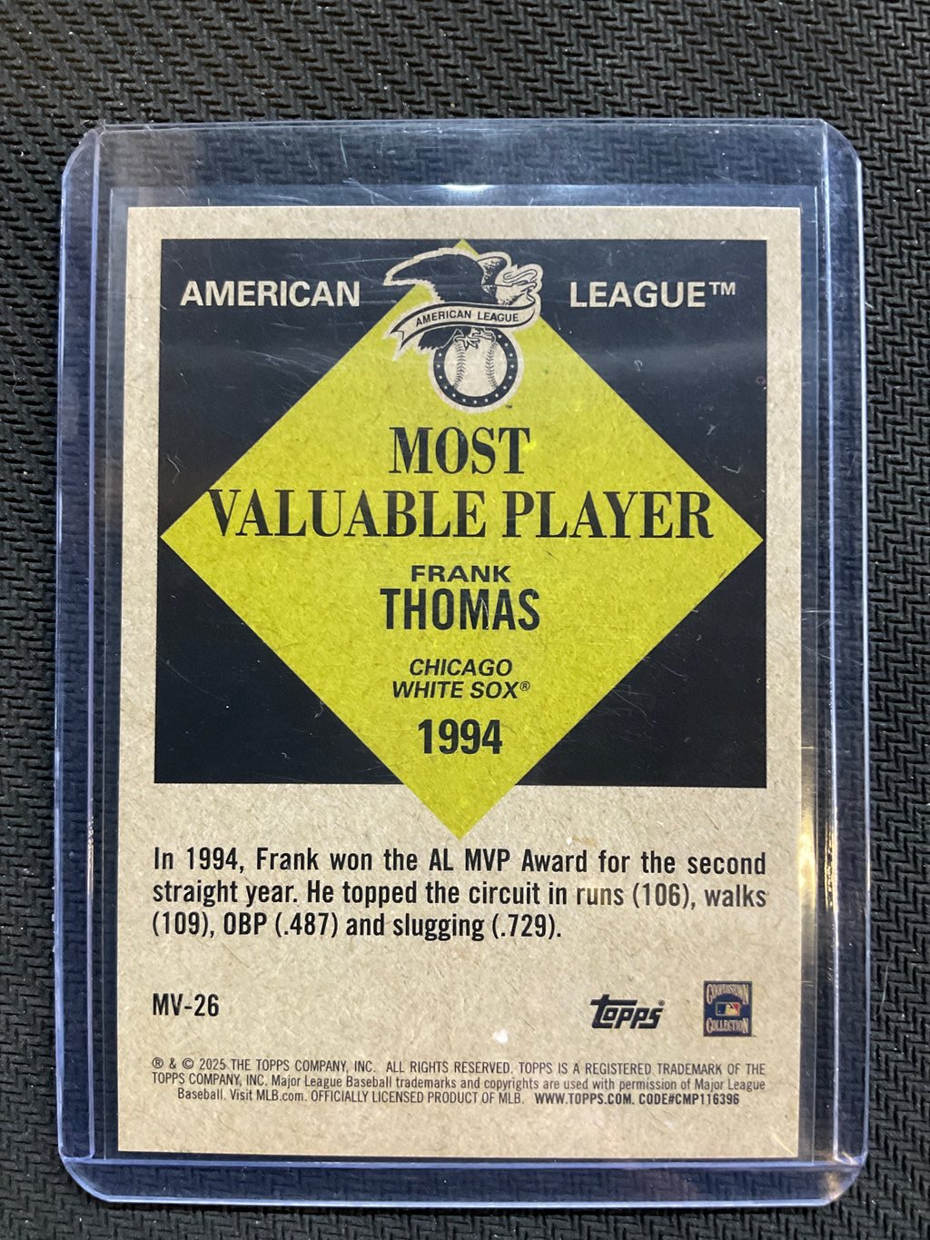 2025 Topps Frank Thomas 1994 American League Most Valuable Player Black /10 White Sox