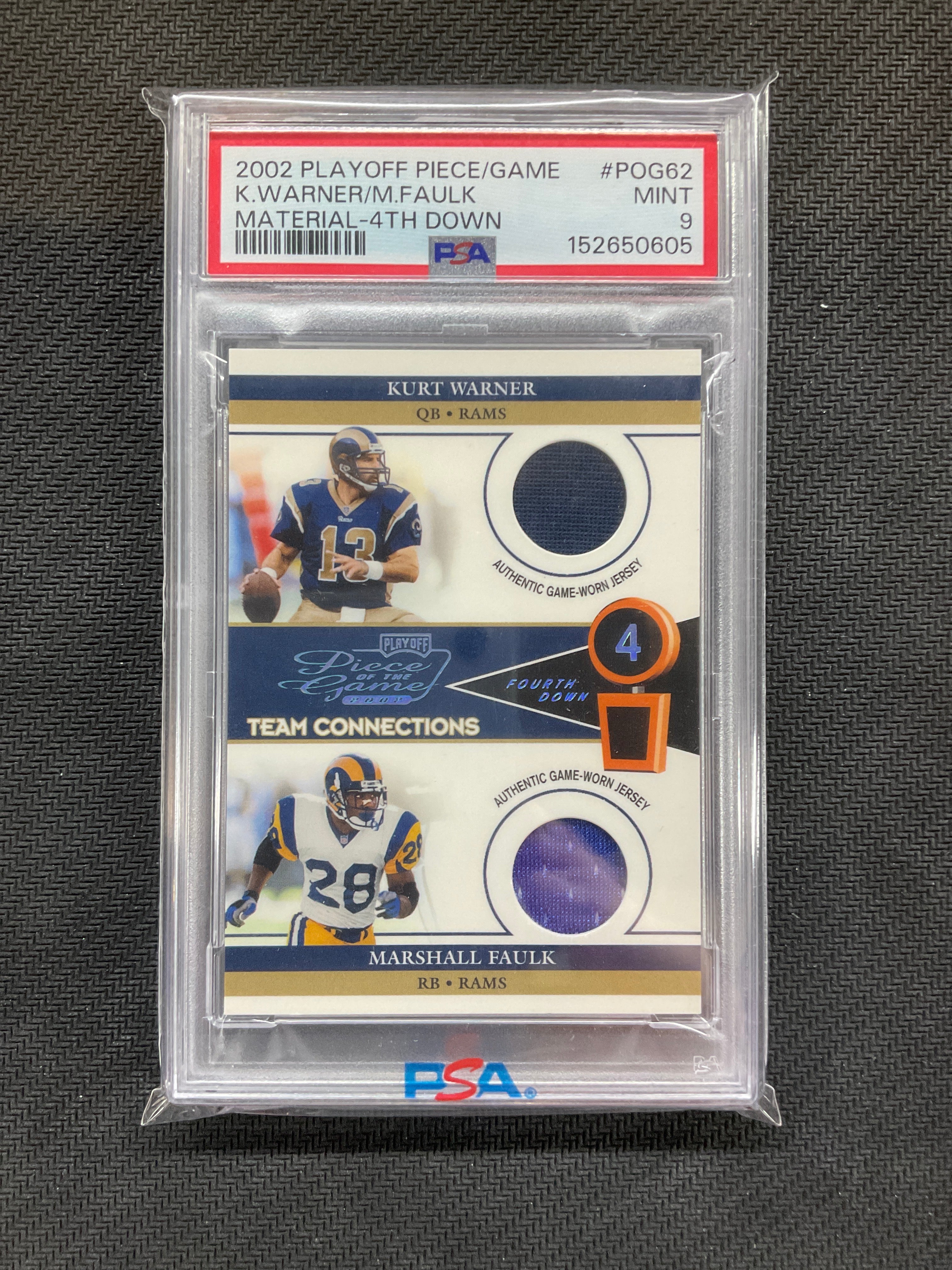 2002 Playoff Piece/Game Kurt Warner/Marshall Faulk Material 4th Down /10 PSA 9 Rams