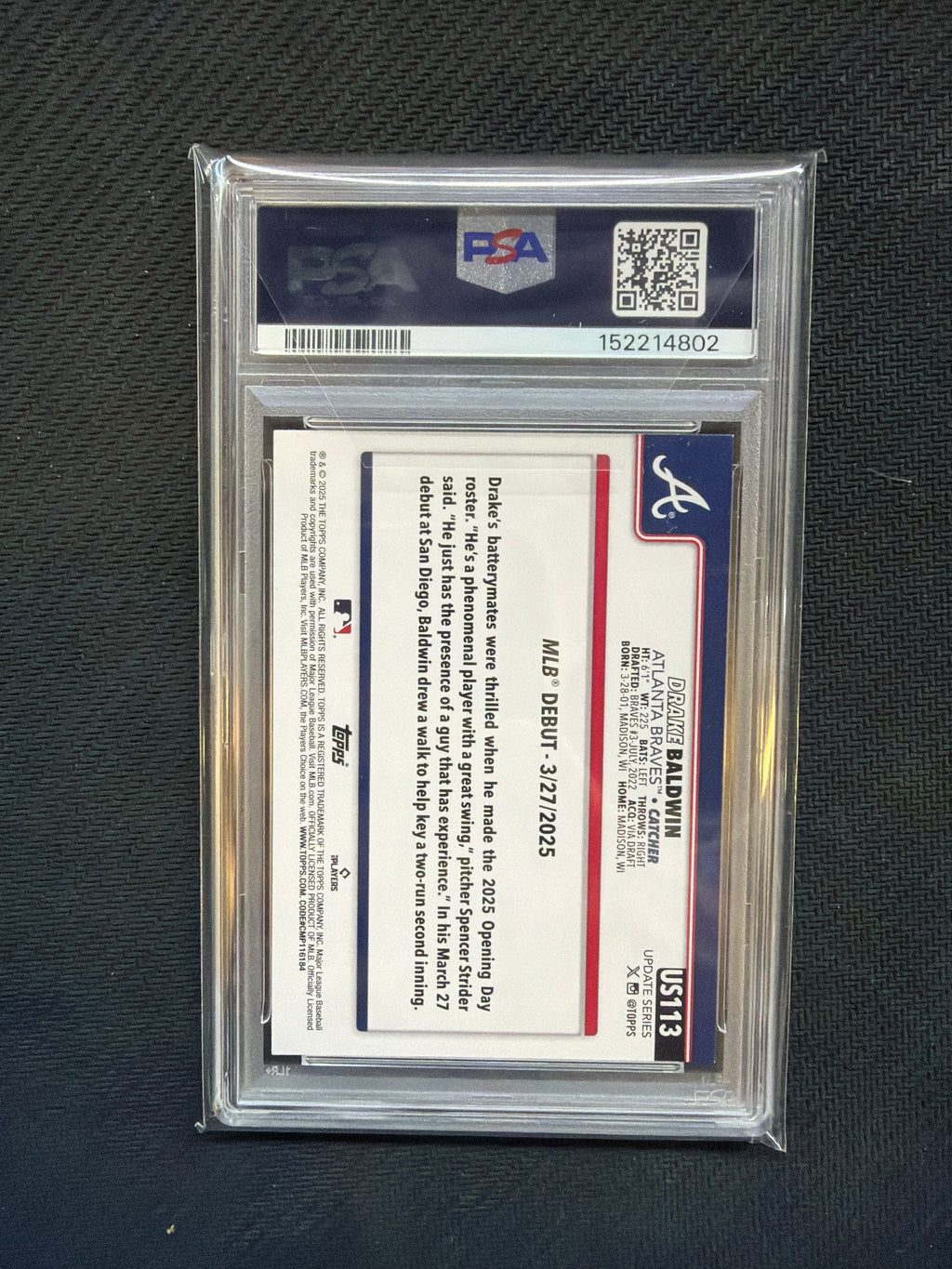 2025 Topps Update Drake Baldwin PSA 9 Rookie Braves