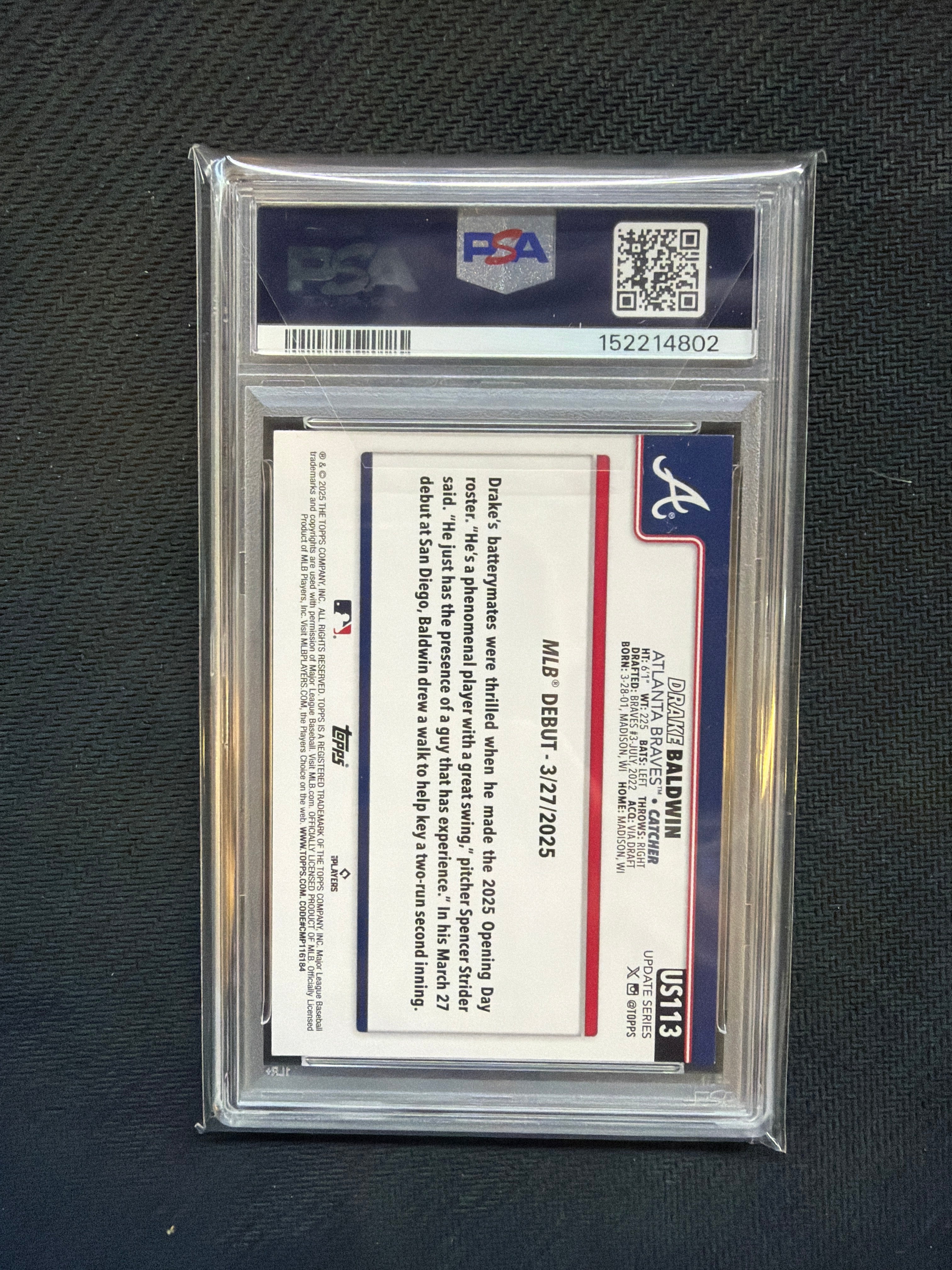 2025 Topps Update Drake Baldwin PSA 9 Rookie Braves