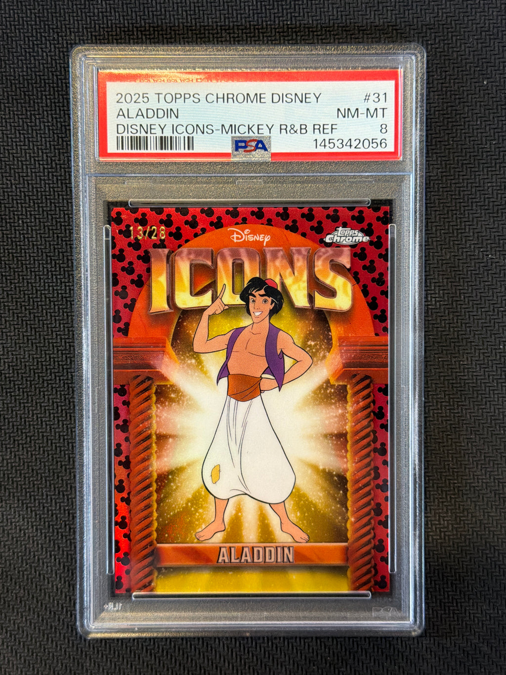 2025 Topps Chrome Disney Aladdin Disney Icons Mickey R&B Refractor PSA 8