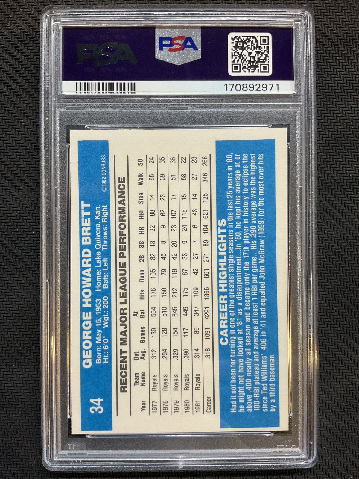1982 Donruss #34 George Brett PSA 9