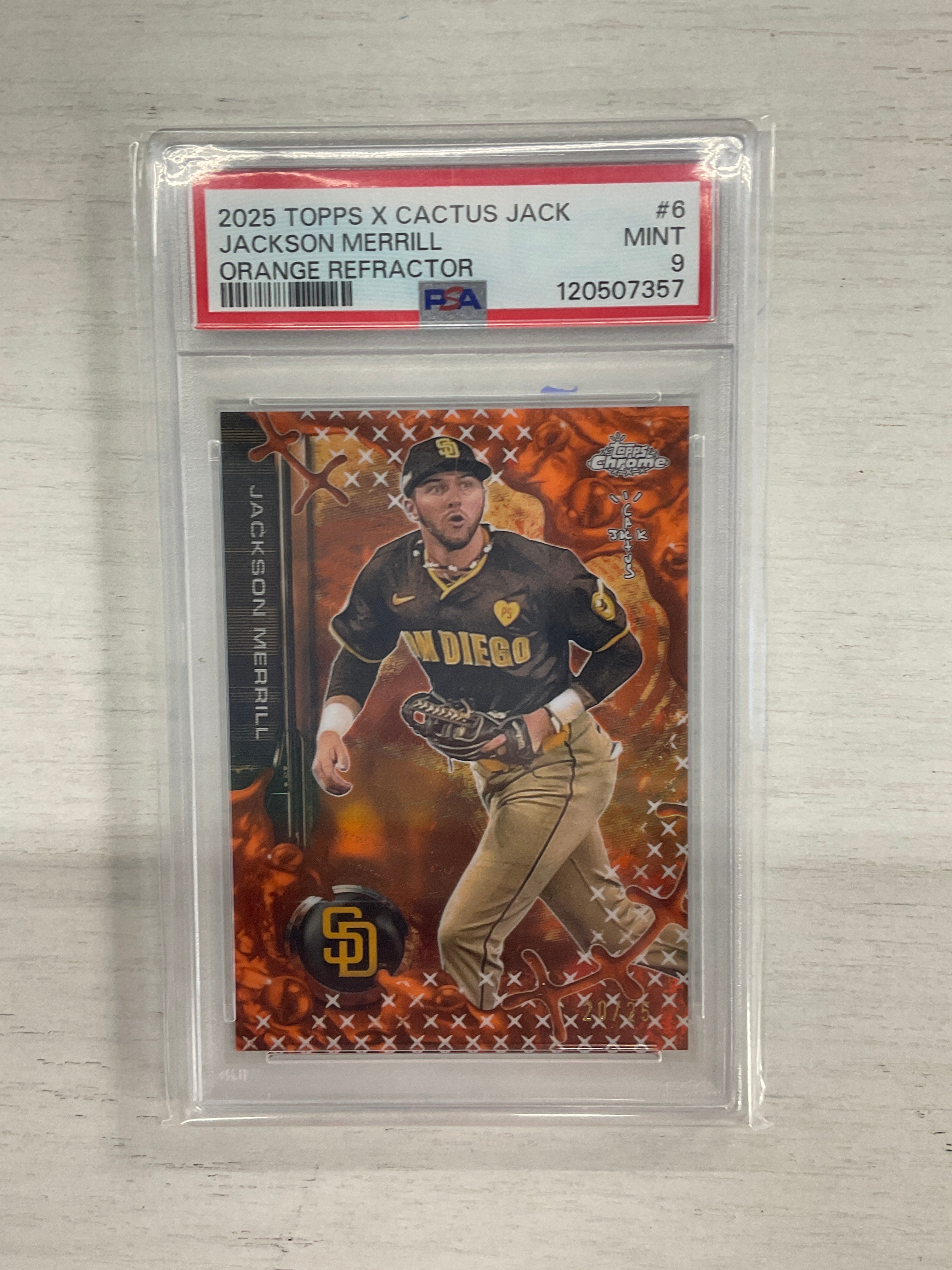2025 Topps Chrome Cactus Jack Jackson Merrill Orange /25 PSA 9