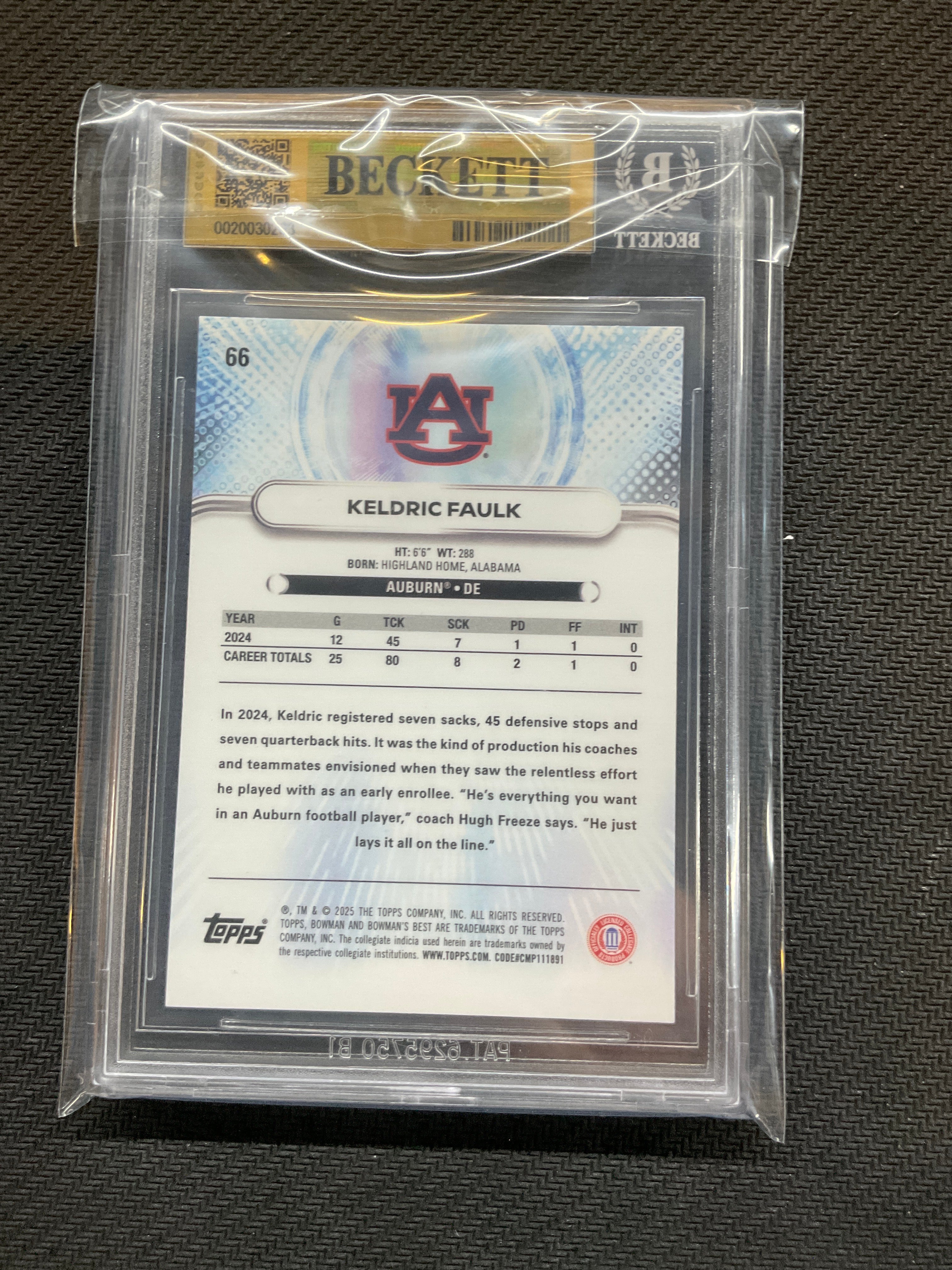 2025 Bowman U Best Keldric Faulk Rookie BGS 9.5 Auburn