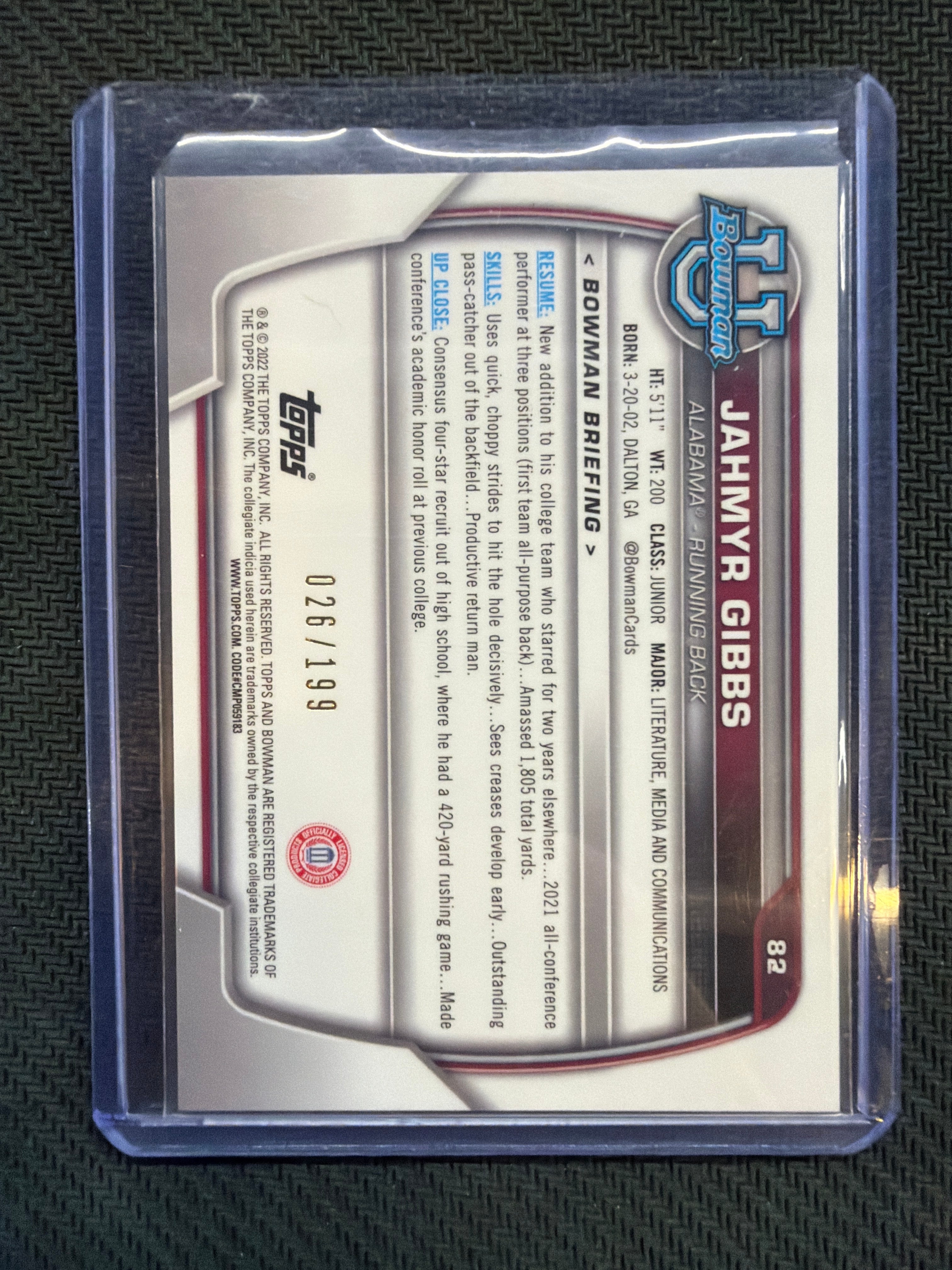 2022 Bowman U Jahmyr Gibbs Blue Raywave /199 Rookie Alabama