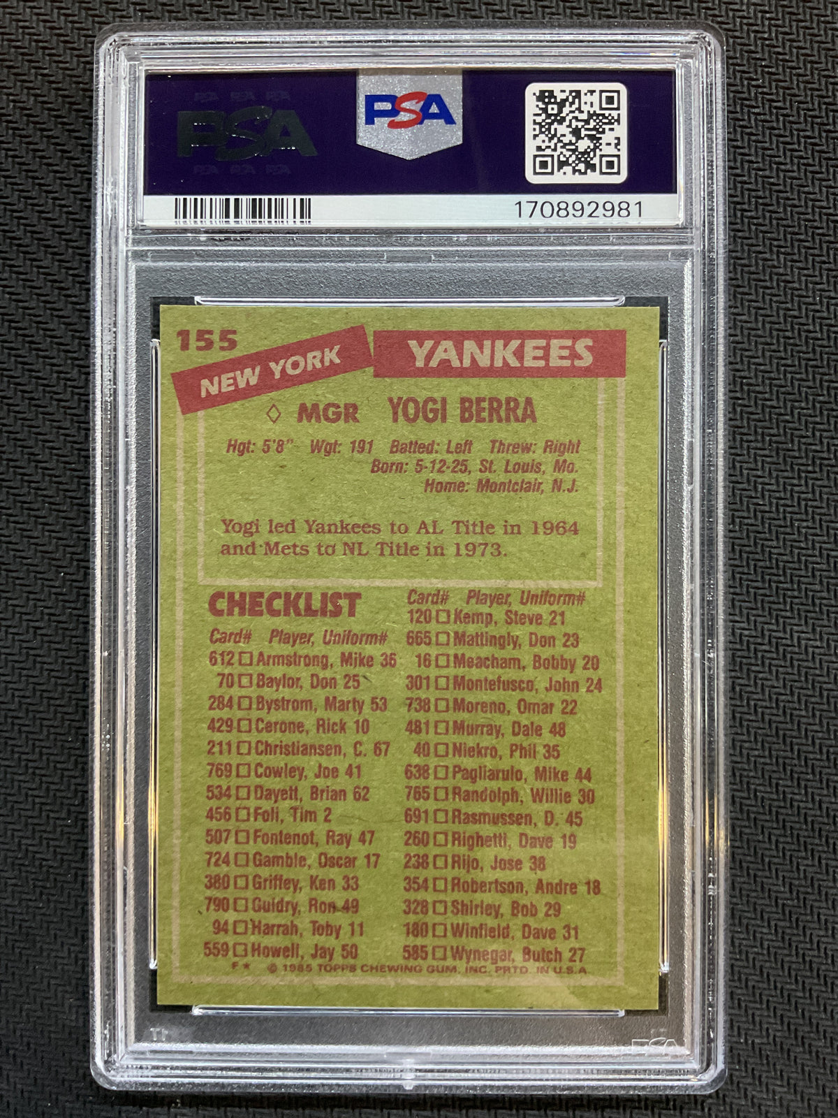 1985 Topps #155 Yogi Berra PSA 7