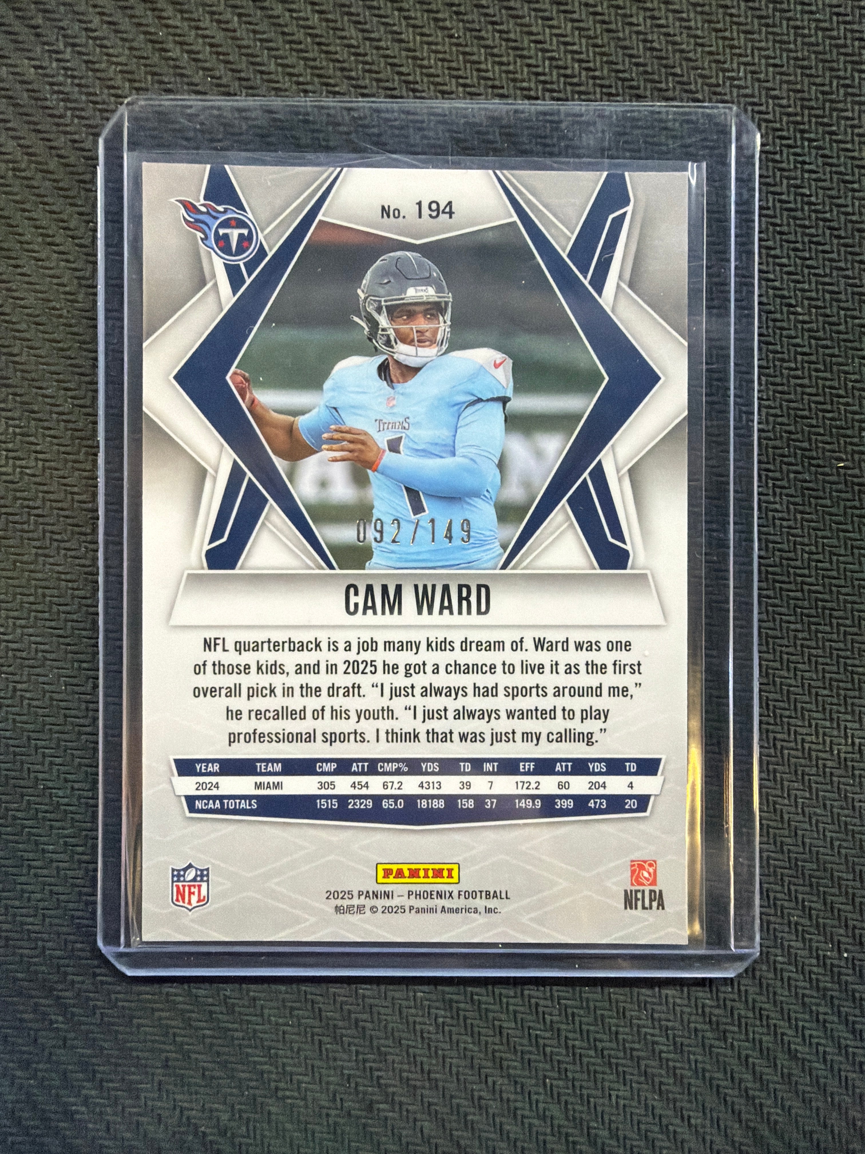 2025 Panini Phoenix Cam Ward Phoenix Rookie /149 Titans