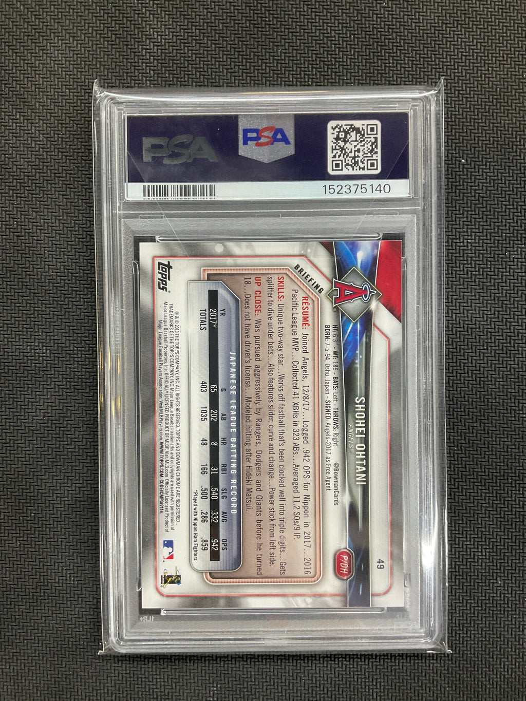 2018 Bowman Shohei Ohtani #49 Rookie PSA 10 Angels 140