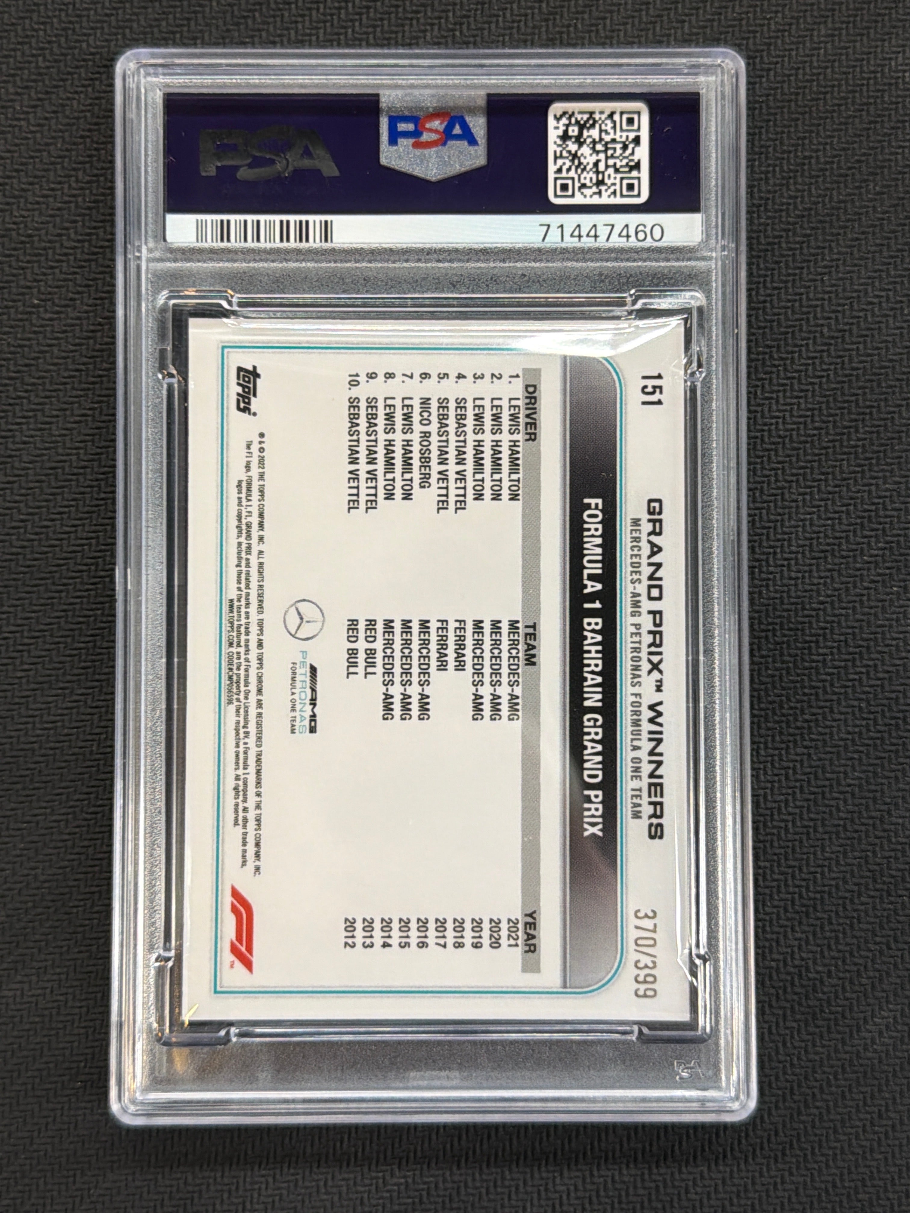 2022 Topps Chrome F1 Lewis Hamilton Purple /399 #151 PSA 10 460