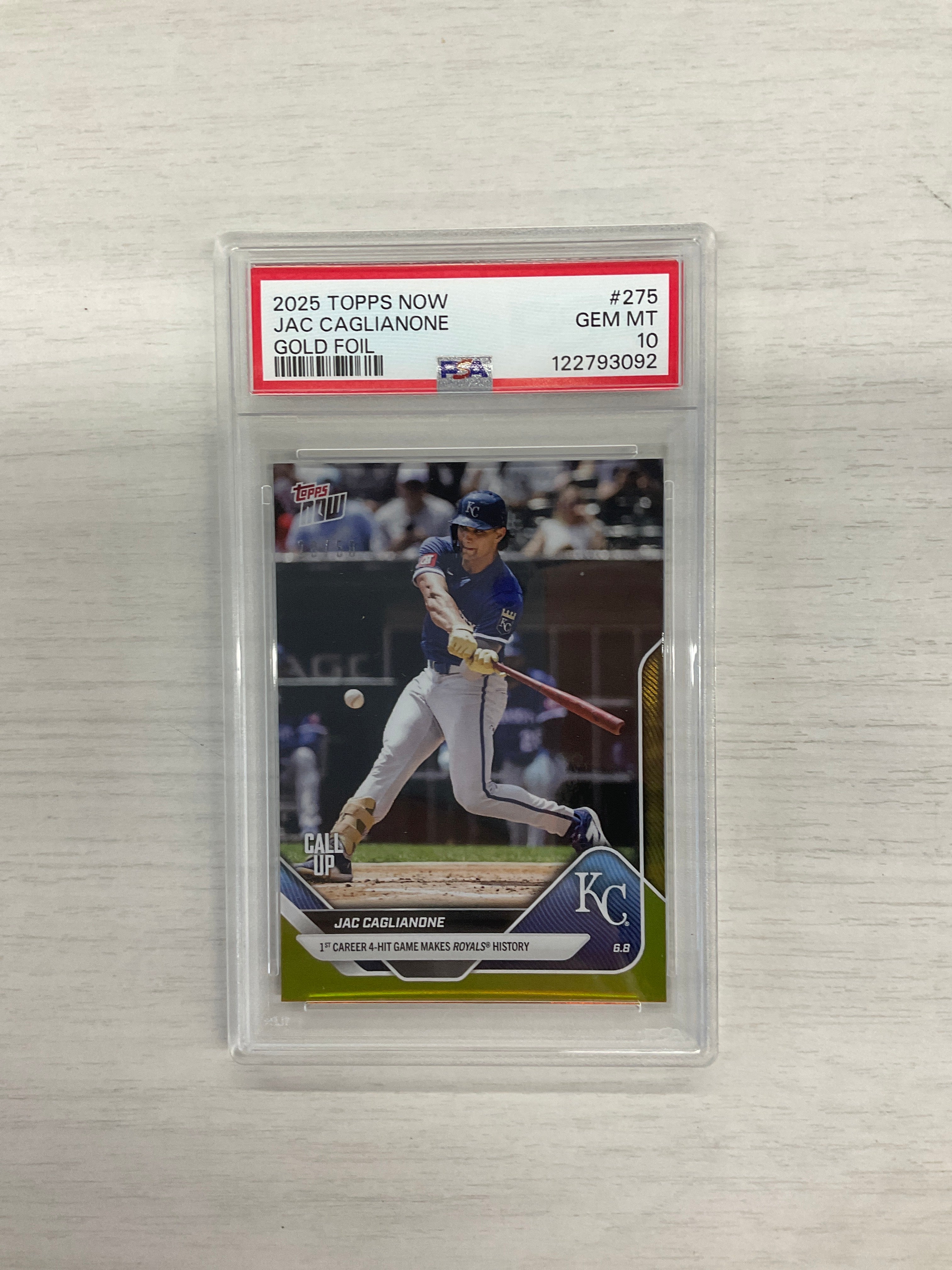 2025 Topps Now Jac Caglianone Gold Foil /50 Call Up Rookie #275 PSA 10